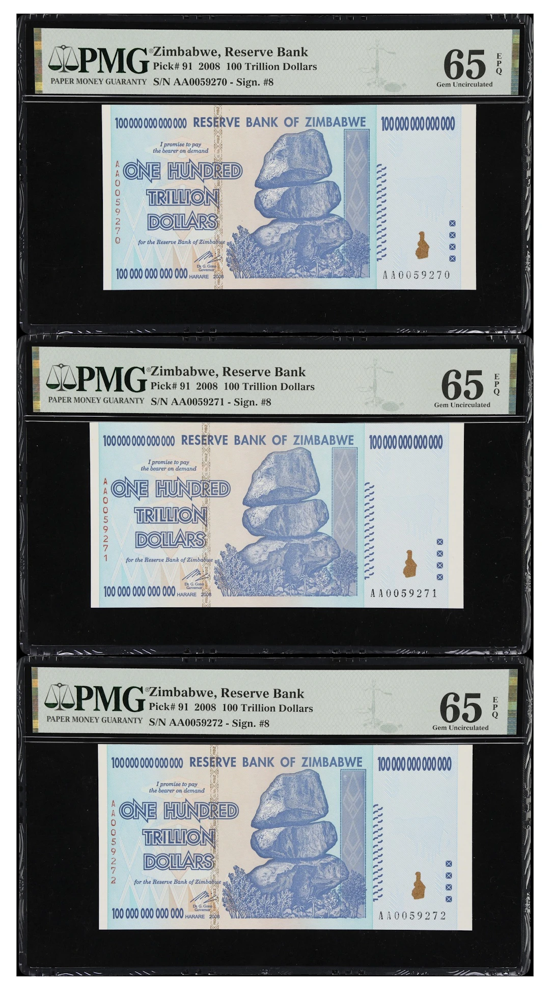 ZIMBABWE. Lot of (3). Reserve Bank of Zimbabwe. 100 Trillion Dollars