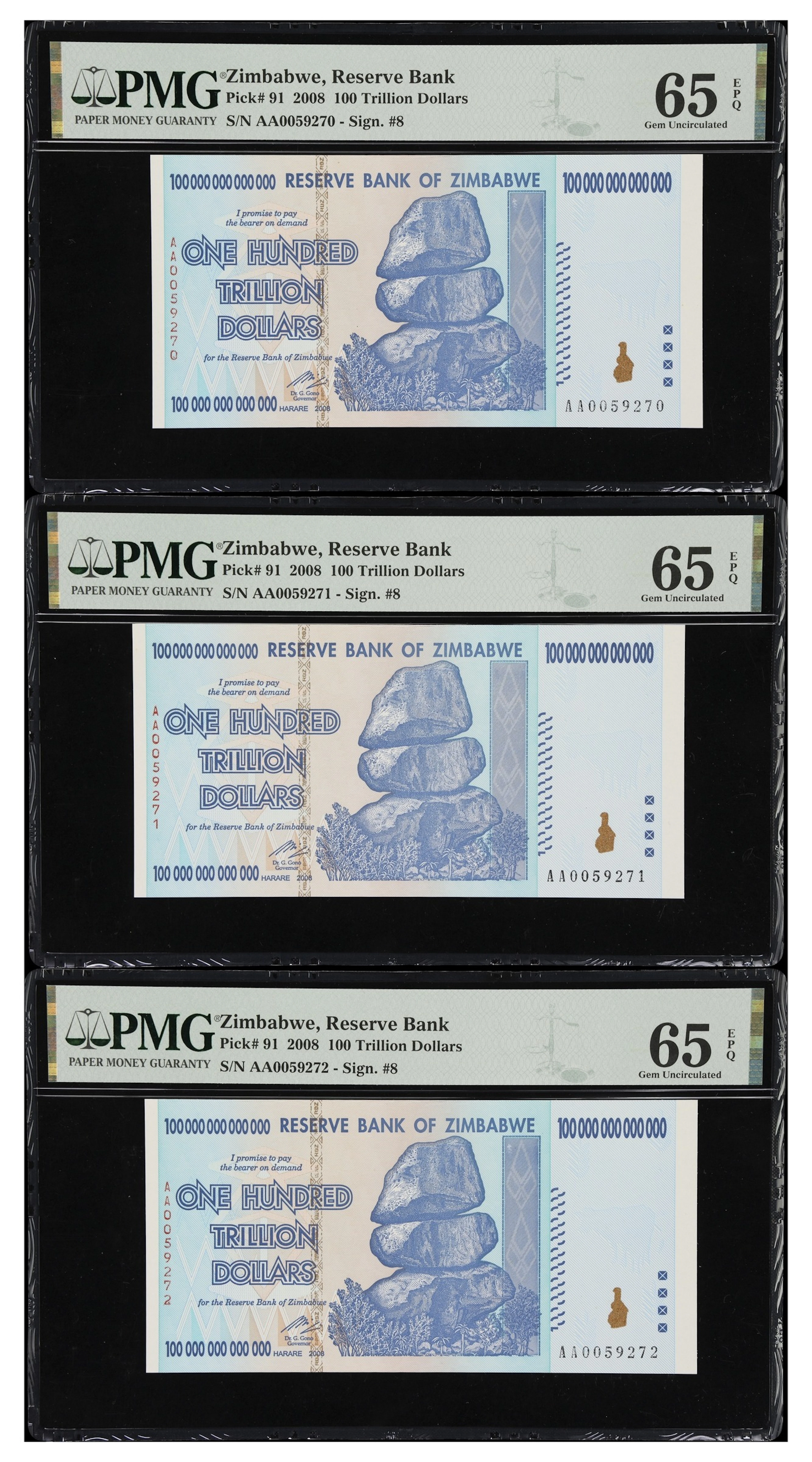 ZIMBABWE. Lot of (3). Reserve Bank of Zimbabwe. 100 Trillion Dollars