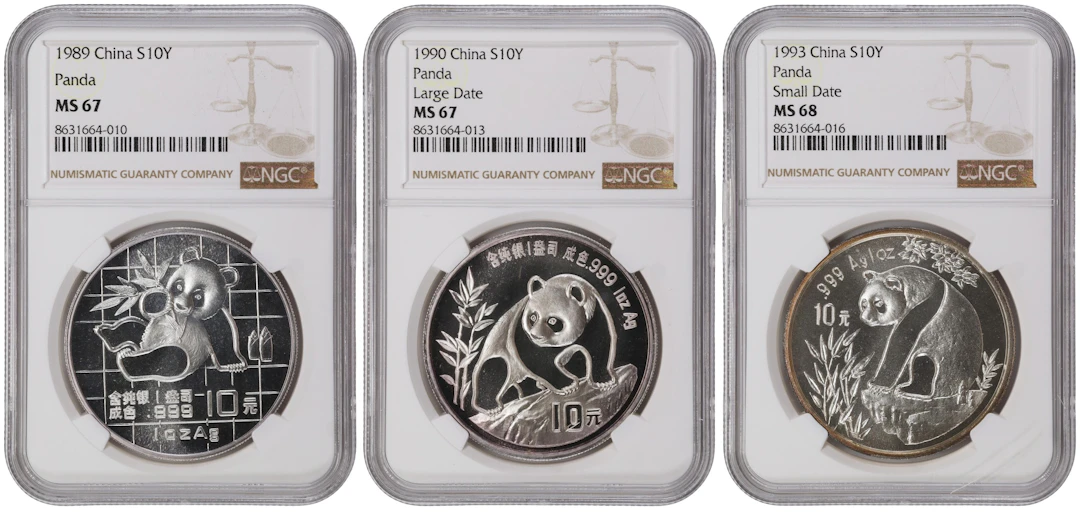 (t) CHINA. Trio of Silver 10 Yuan (3 Pieces), 1989-93. Panda Series.
