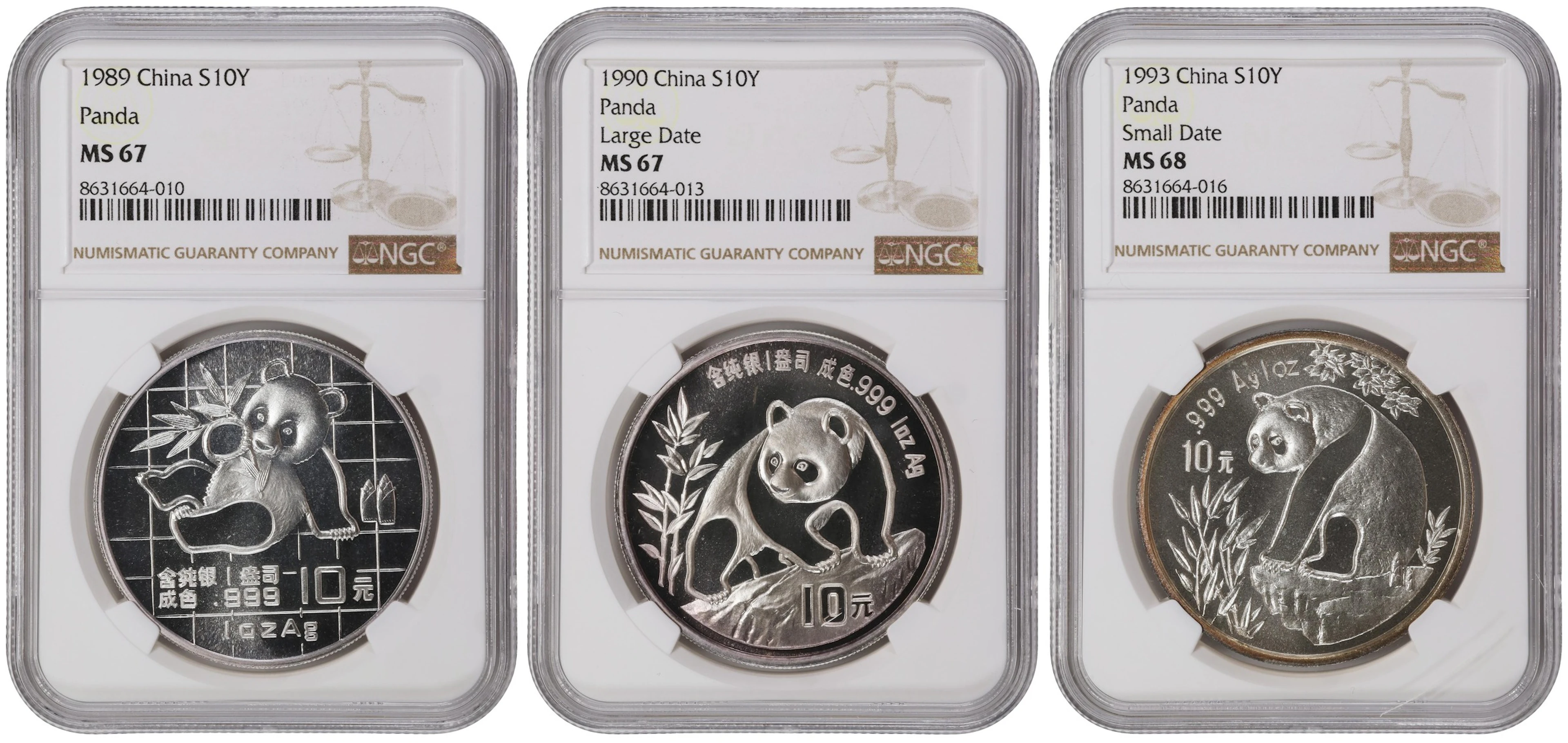 (t) CHINA. Trio of Silver 10 Yuan (3 Pieces), 1989-93. Panda Series.