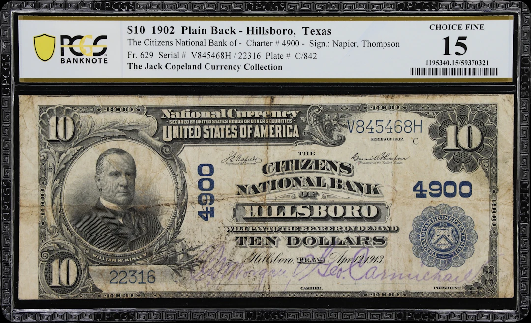 Hillsboro, Texas. $10 1902 Plain Back. Fr. 629. Citizens NB. Charter
