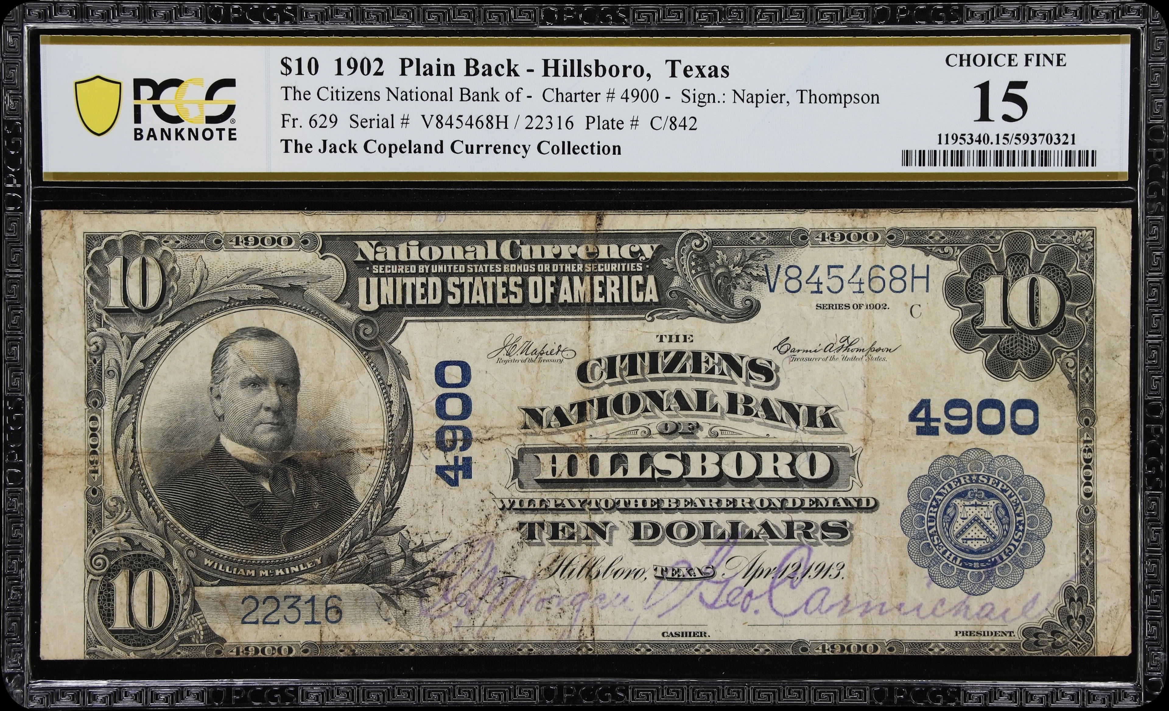 Hillsboro, Texas. $10 1902 Plain Back. Fr. 629. Citizens NB. Charter