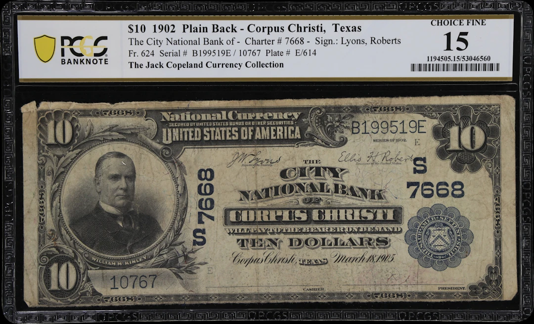 Corpus Christi, Texas. $10 1902 Plain Back. Fr. 624. City NB. Charter