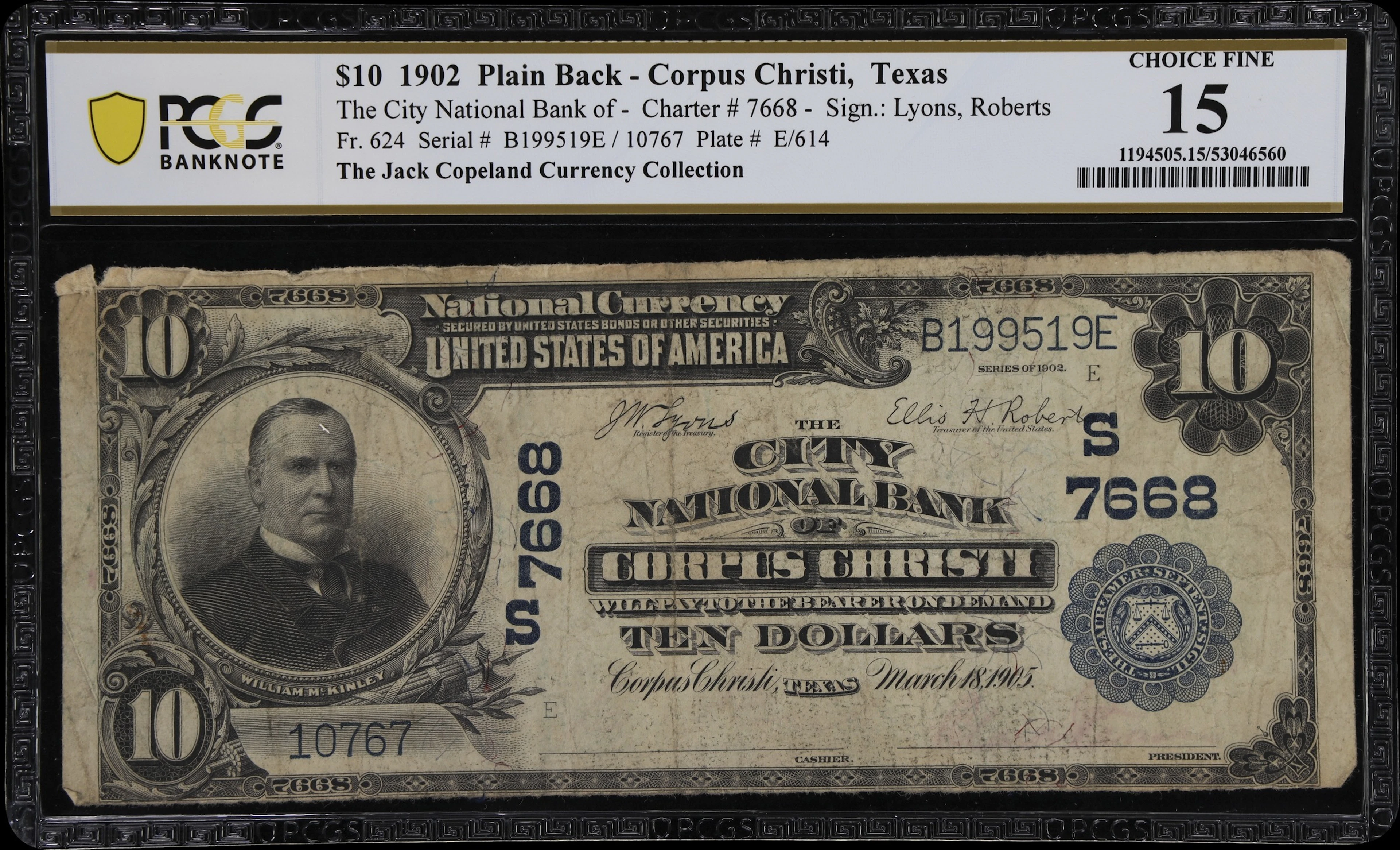 Corpus Christi, Texas. $10 1902 Plain Back. Fr. 624. City NB. Charter
