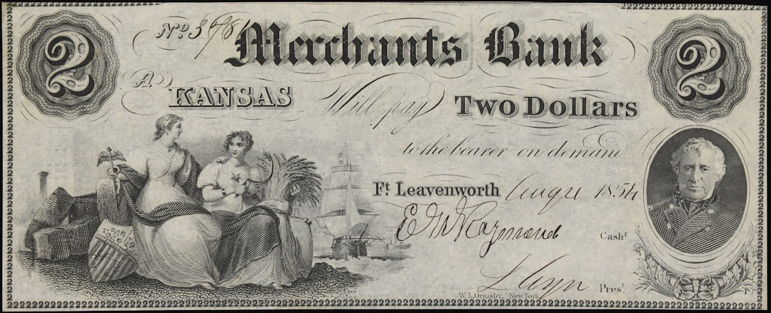 Fort Leavenworth, Territory of Kansas. Merchants Bank. 1854 $2. About