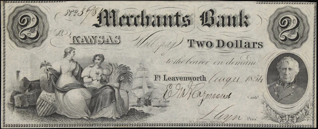 Fort Leavenworth, Territory of Kansas. Merchants Bank. 1854 $2. About