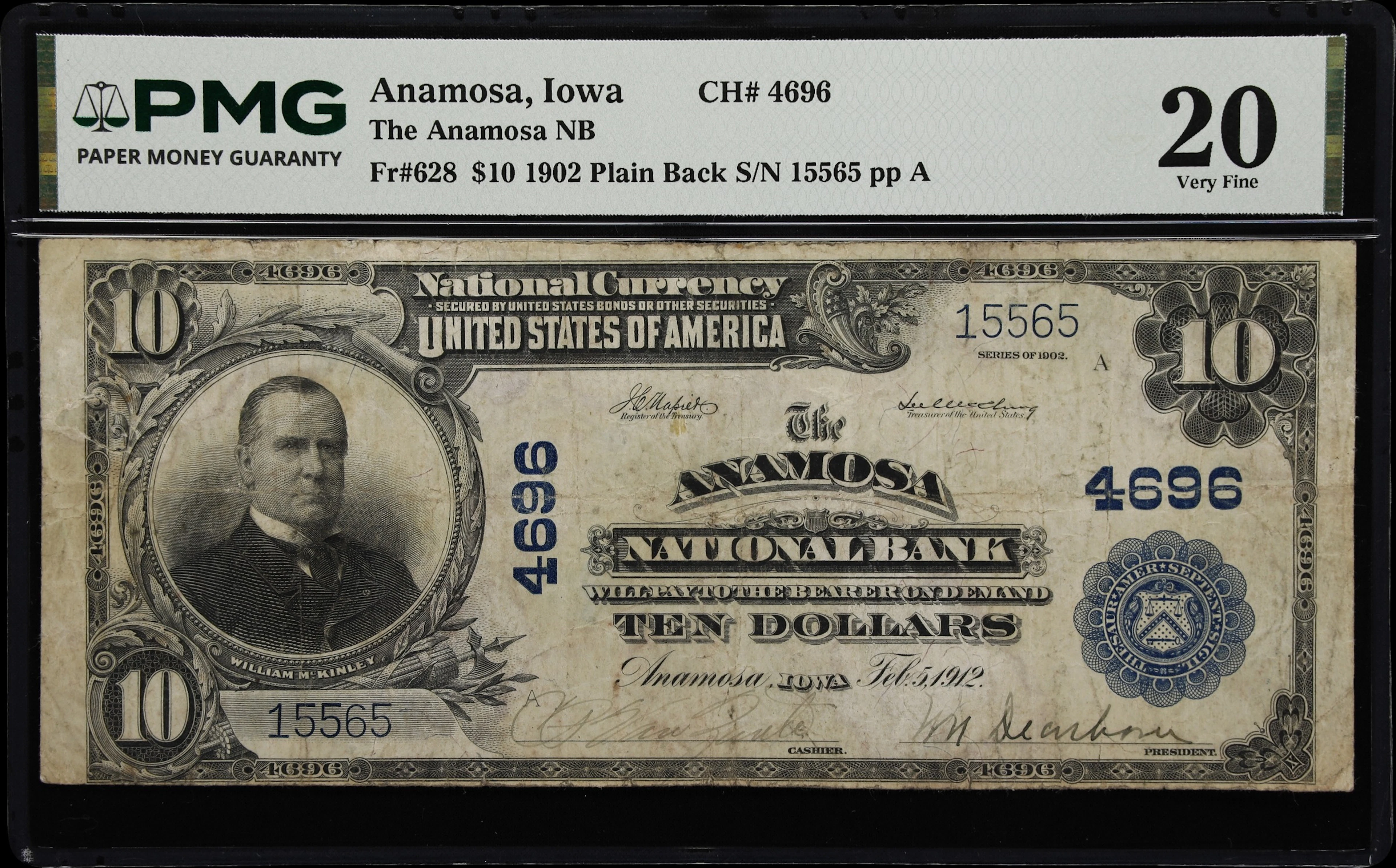 Anamosa, Iowa. $10 1902 Plain Back. Fr. 628. Anamosa NB. Charter #4696.
