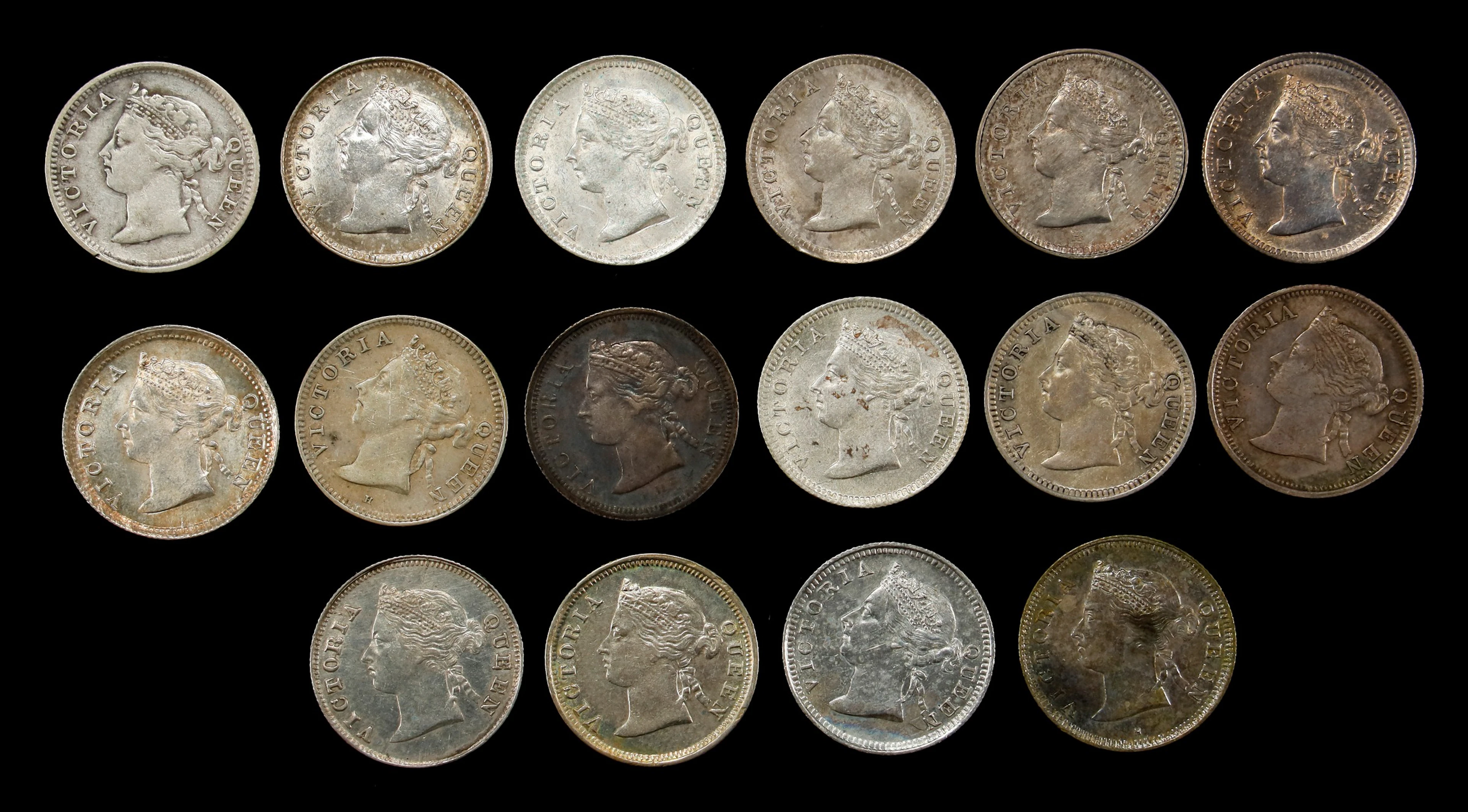 (t) HONG KONG (SAR). Group of Silver 5 Cents (16 Pieces), 1873-1901.