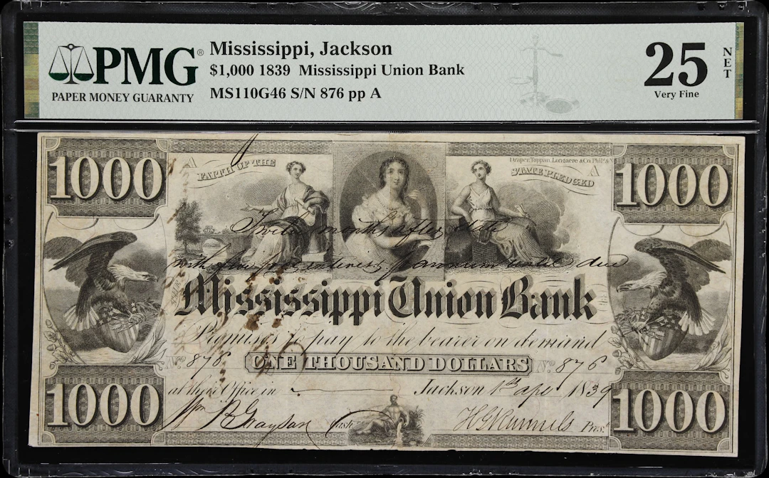Jackson, Mississippi. Mississippi Union Bank. 1839 $1000. PMG Very