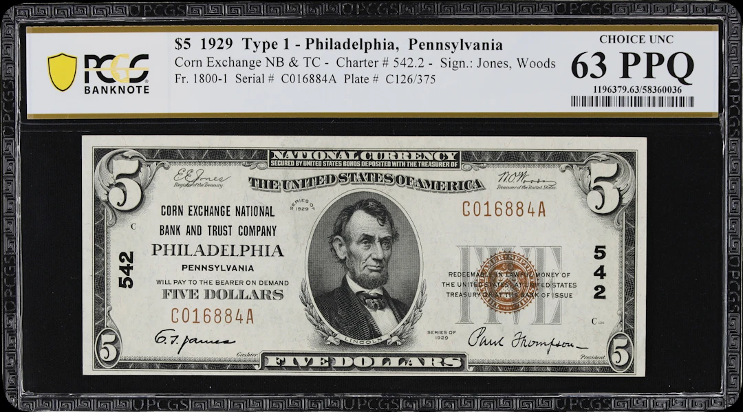 Philadelphia, Pennsylvania. $5 1929 Ty. 1. Fr. 1800-1. Corn Exchange