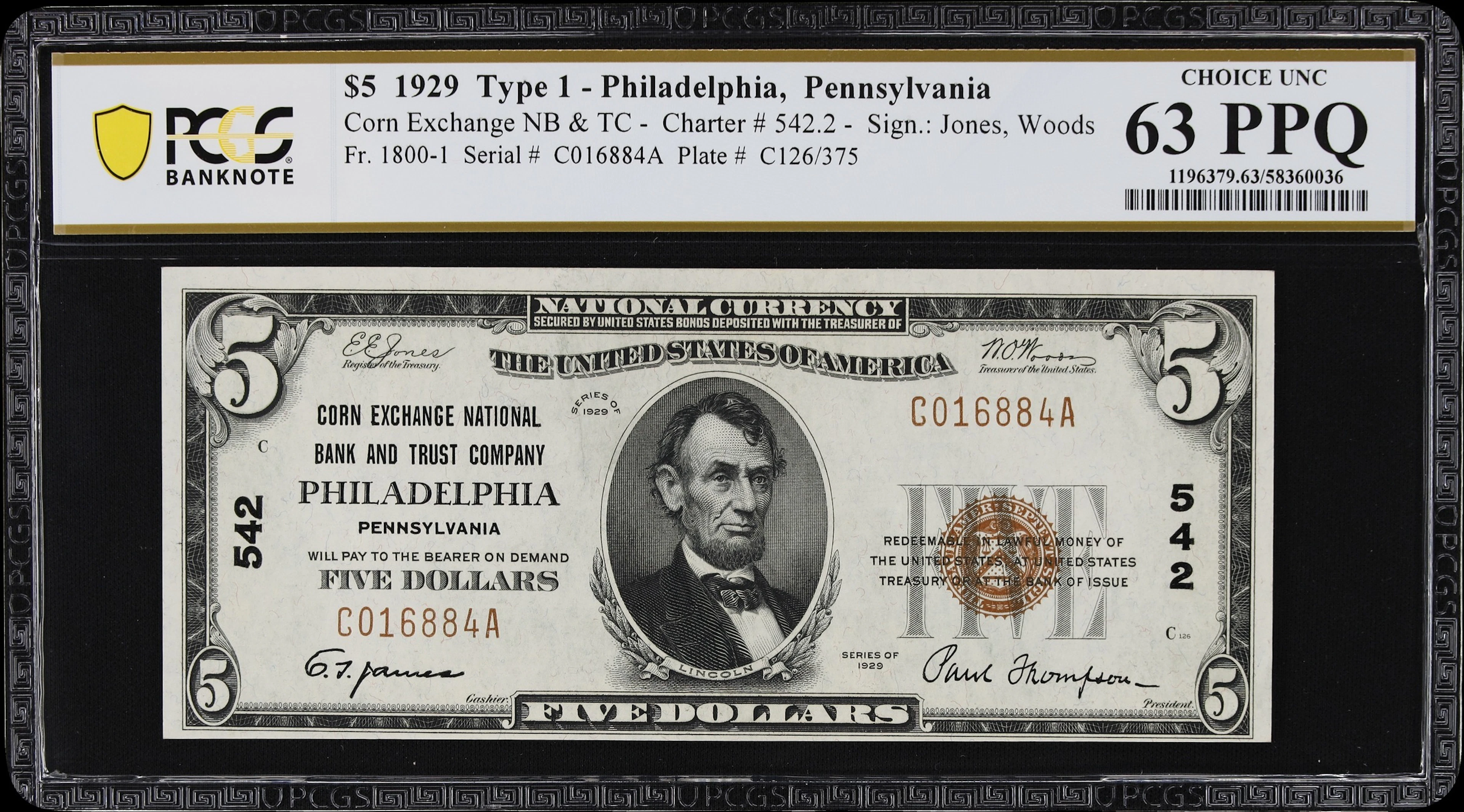 Philadelphia, Pennsylvania. $5 1929 Ty. 1. Fr. 1800-1. Corn Exchange