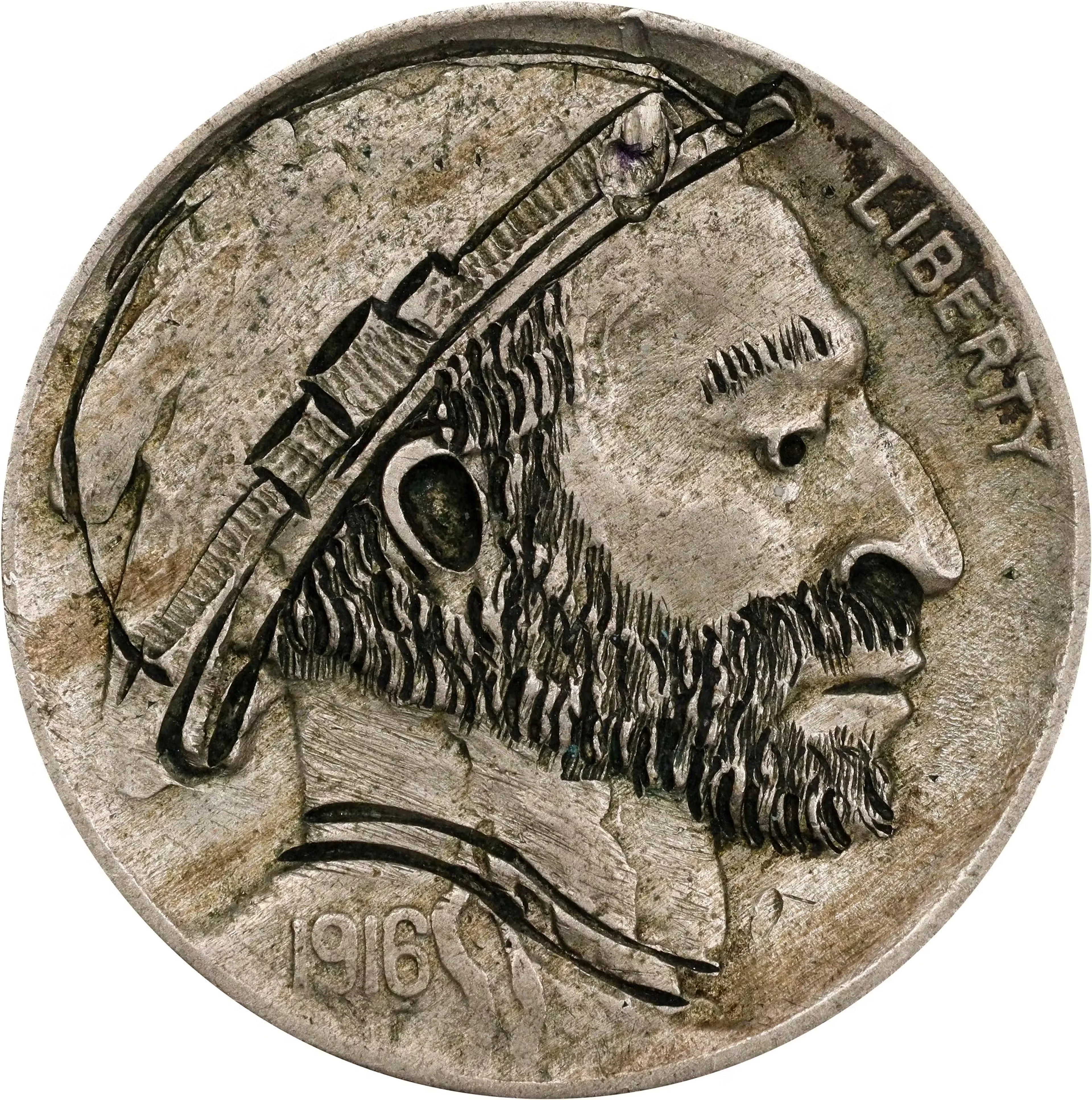 Bearded Man Wearing Derby Hobo Nickel. By Flat Nose. Quality of Work: