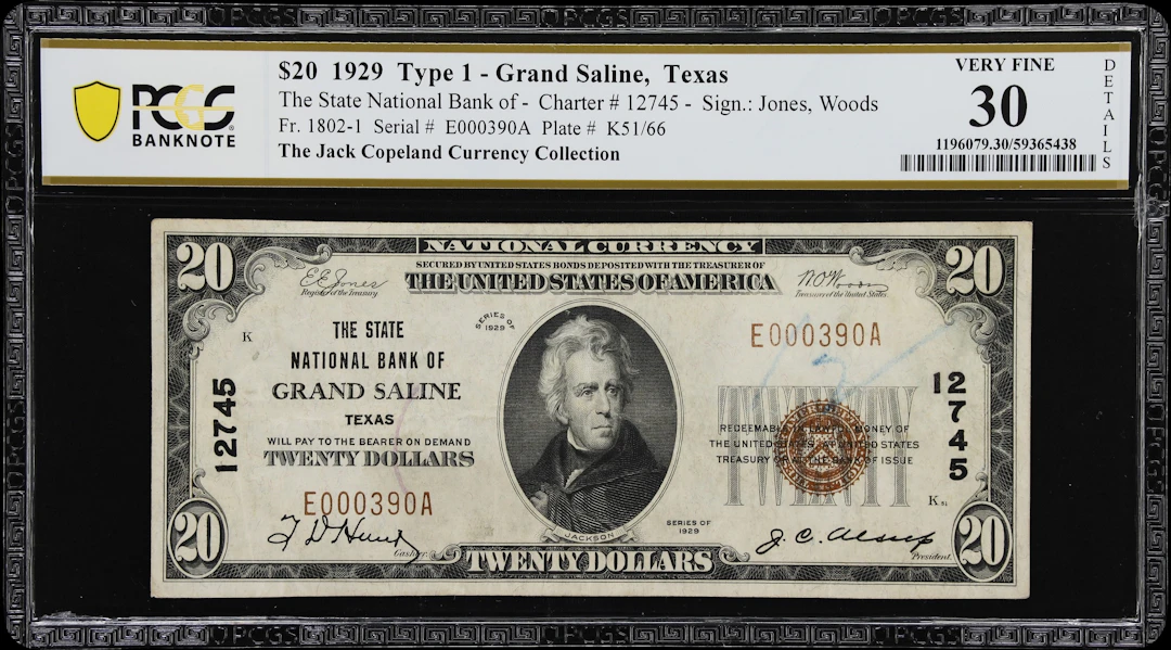 Grand Saline, Texas. $20 1929 Ty. 1. Fr. 1802-1. State NB. Charter