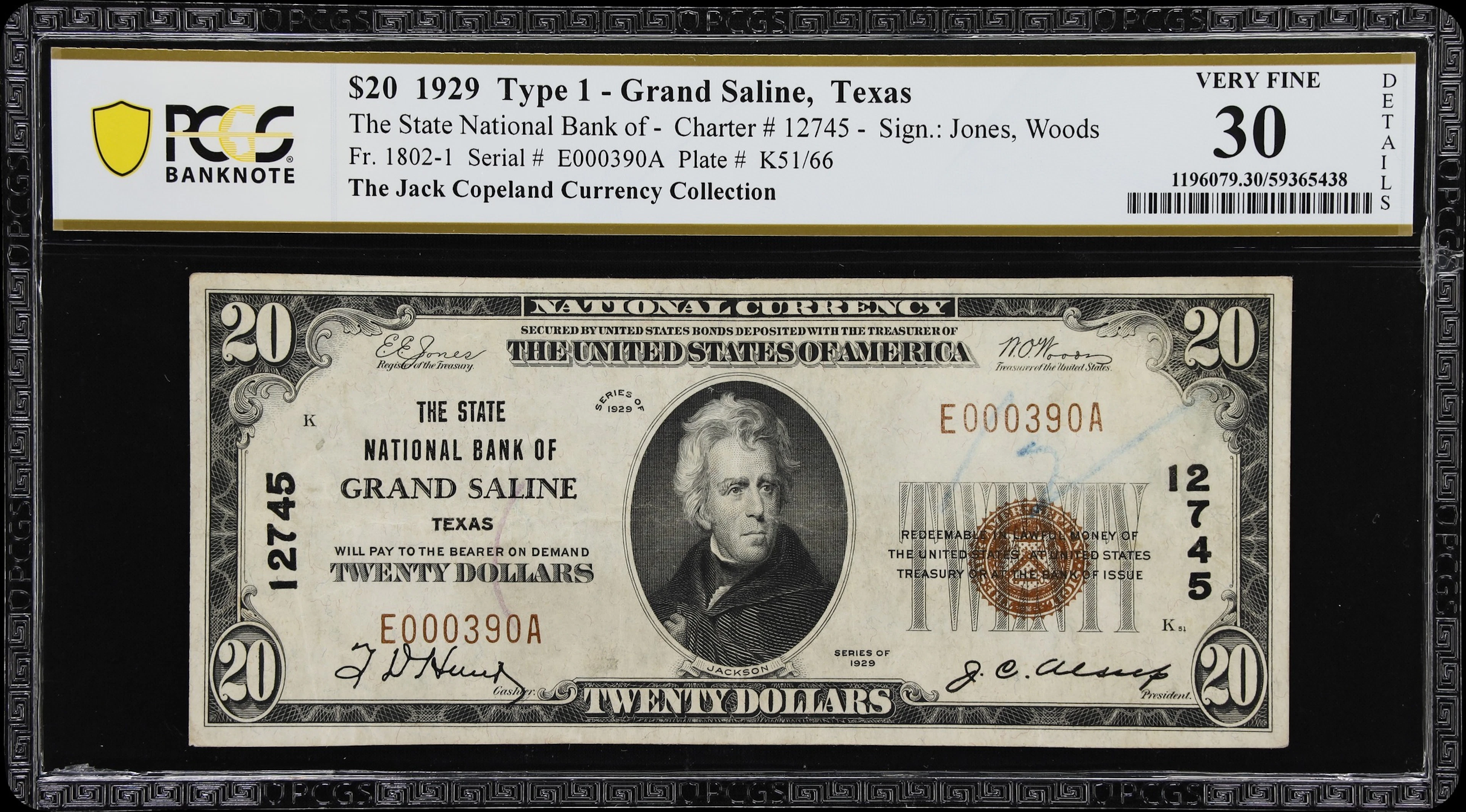 Grand Saline, Texas. $20 1929 Ty. 1. Fr. 1802-1. State NB. Charter