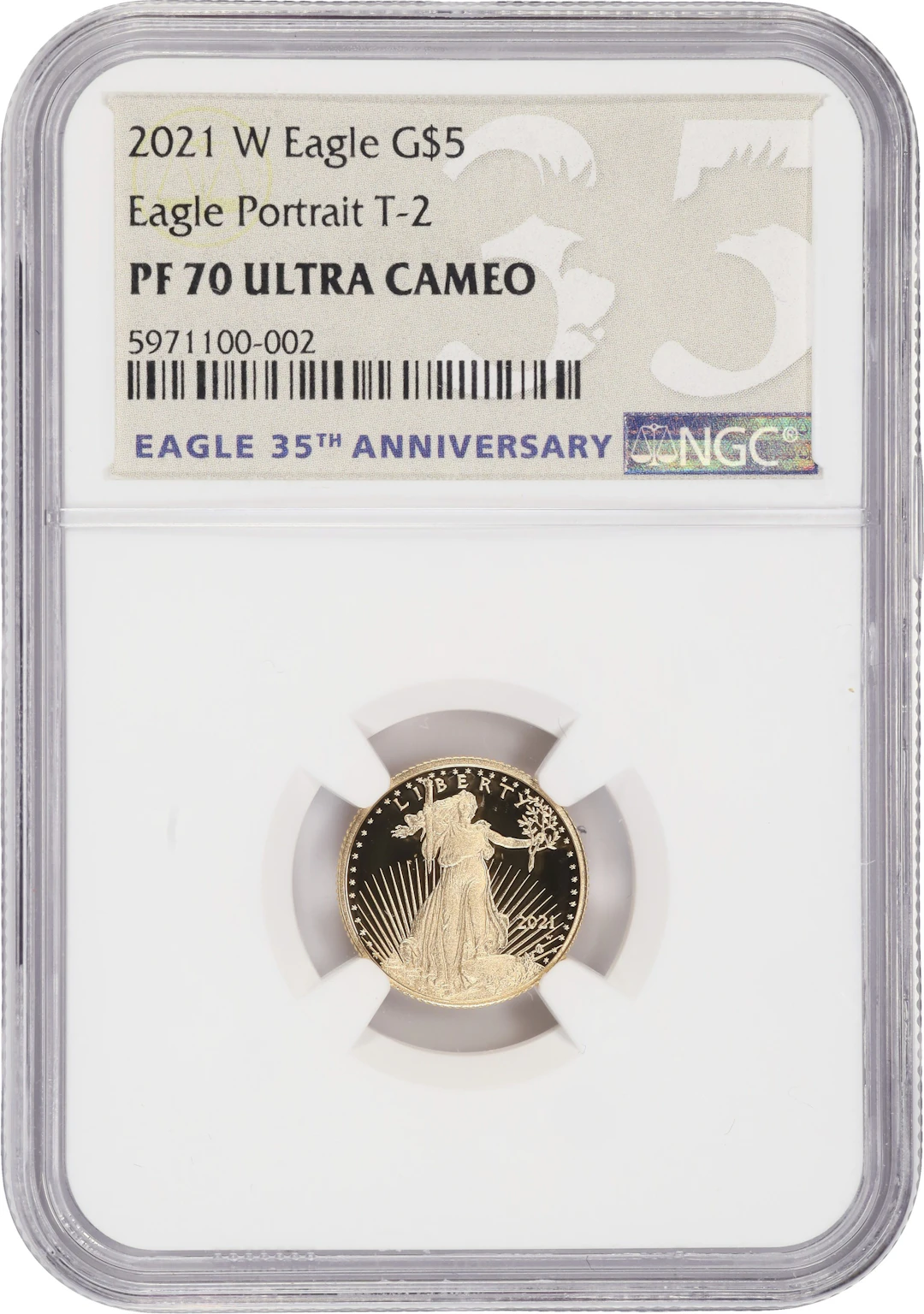 (0.1 oz, 3.11 g AGW). 2021-W American Gold Eagle $5. PF-70 Ultra Cameo (NGC).