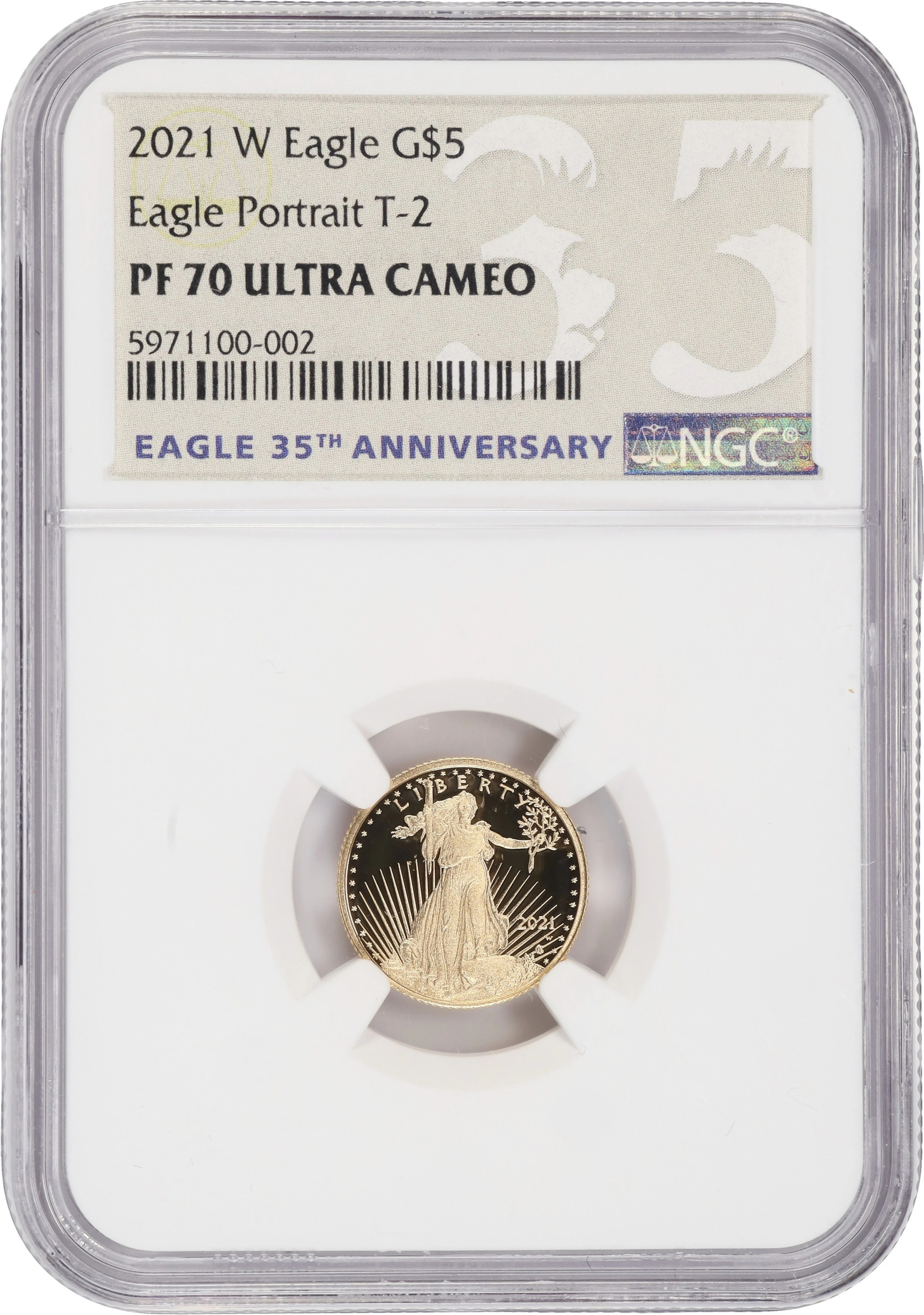 (0.1 oz, 3.11 g AGW). 2021-W American Gold Eagle $5. PF-70 Ultra Cameo (NGC).