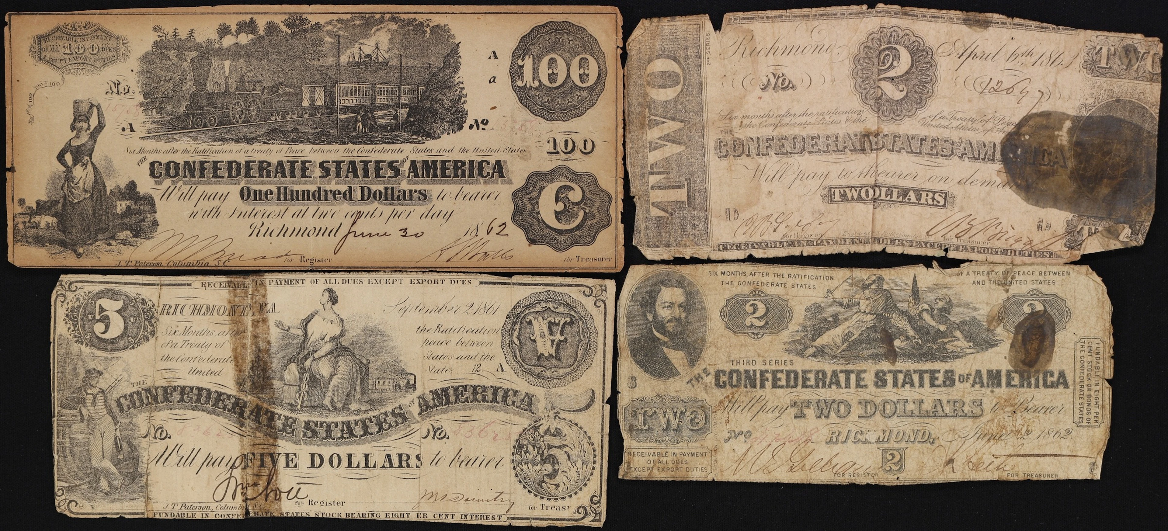 Lot of (4) Confederate Currency. 1861 - 63 $2, $5, & $100. Good to Very Fine.