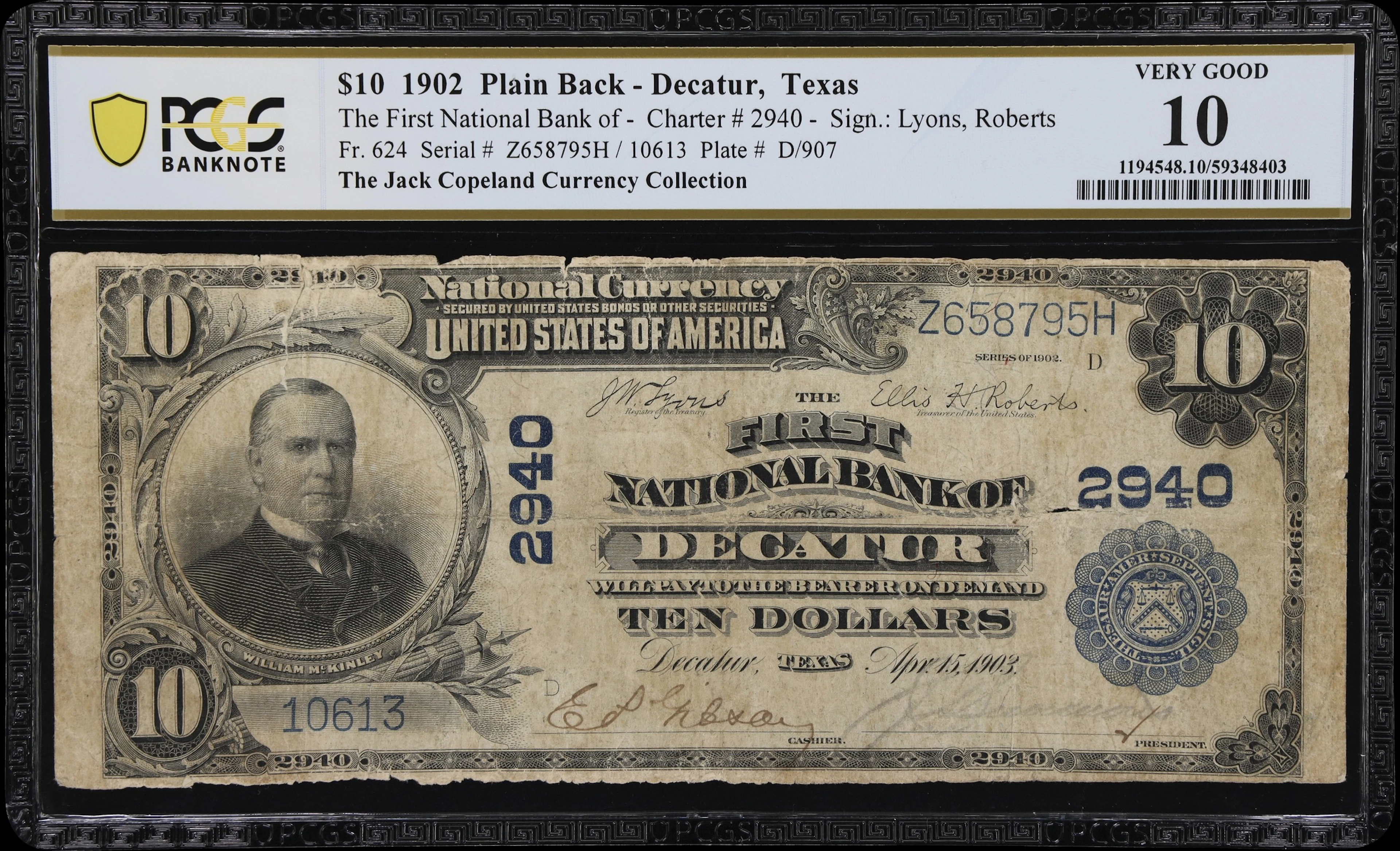 Decatur, Texas. $10 1902 Plain Back. Fr. 624. First NB. Charter #2940.