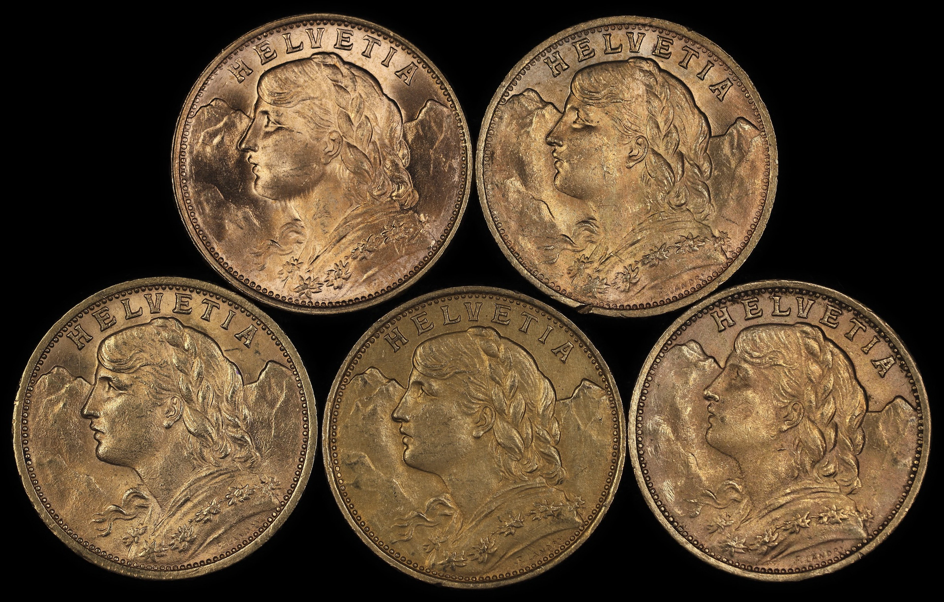 (0.935 oz, 29.082 g AGW). Switzerland. Lot of (5) Mixed Date Gold 20 Francs.