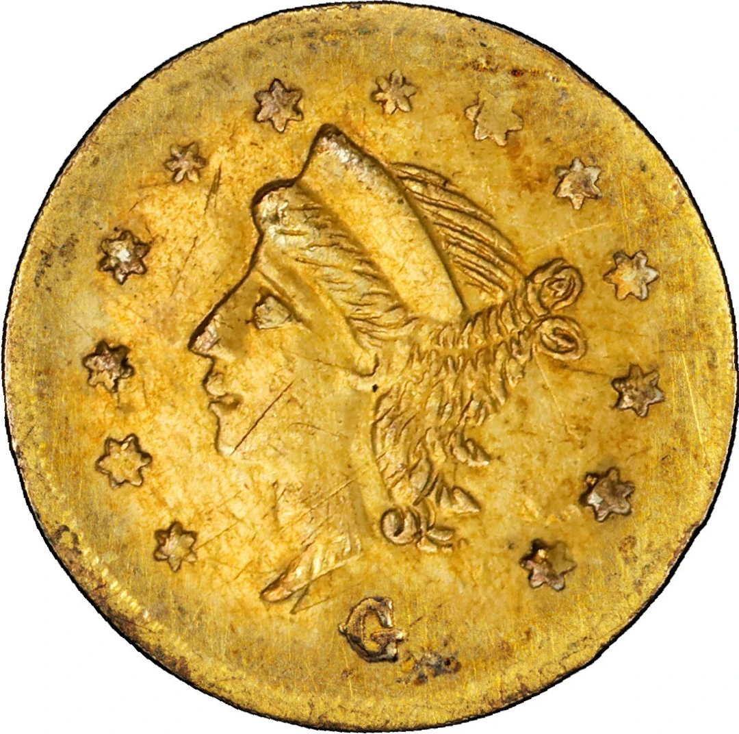 1867-G Round 25 Cents. BG-825. Rarity-4. Liberty Head. AU Details--Tooled