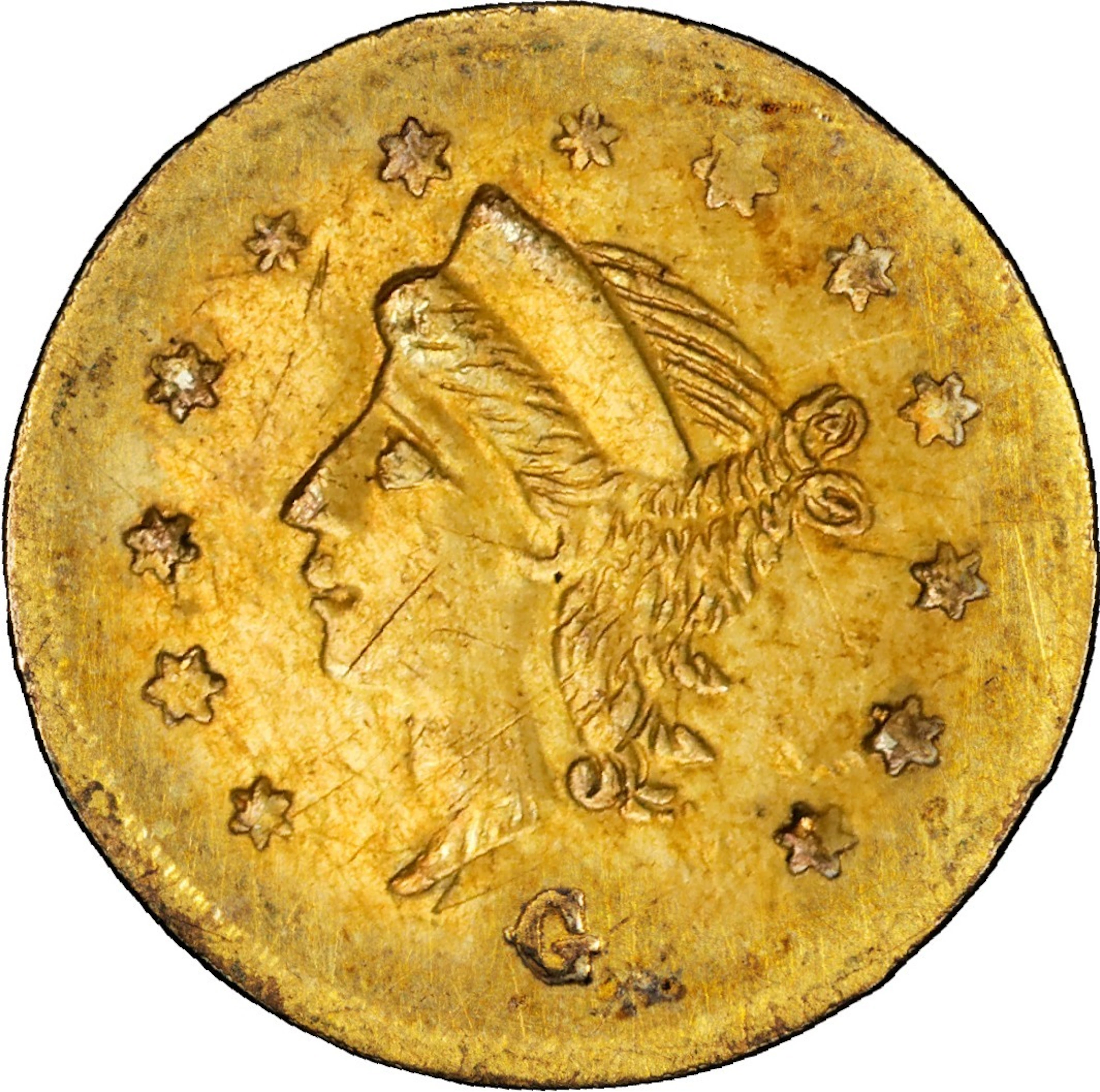 1867-G Round 25 Cents. BG-825. Rarity-4. Liberty Head. AU Details--Tooled