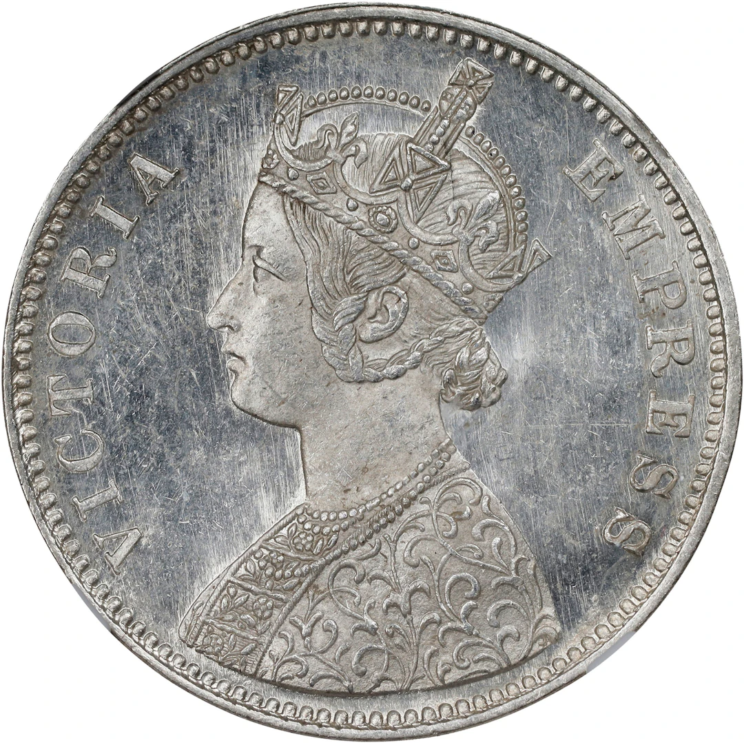 INDIA. Rupee, 1877-(B). Bombay Mint. Victoria. NGC MS-62.