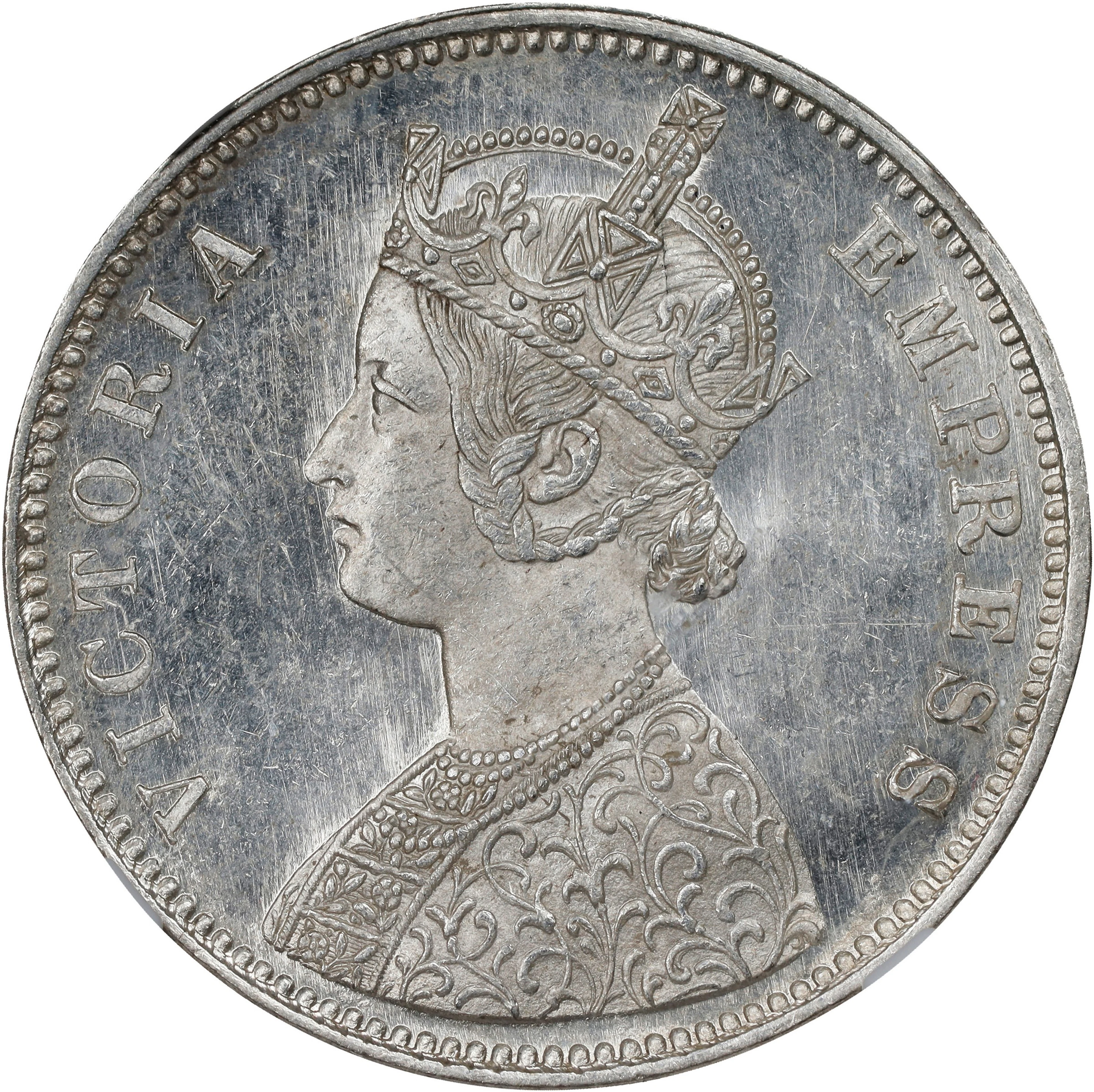INDIA. Rupee, 1877-(B). Bombay Mint. Victoria. NGC MS-62.