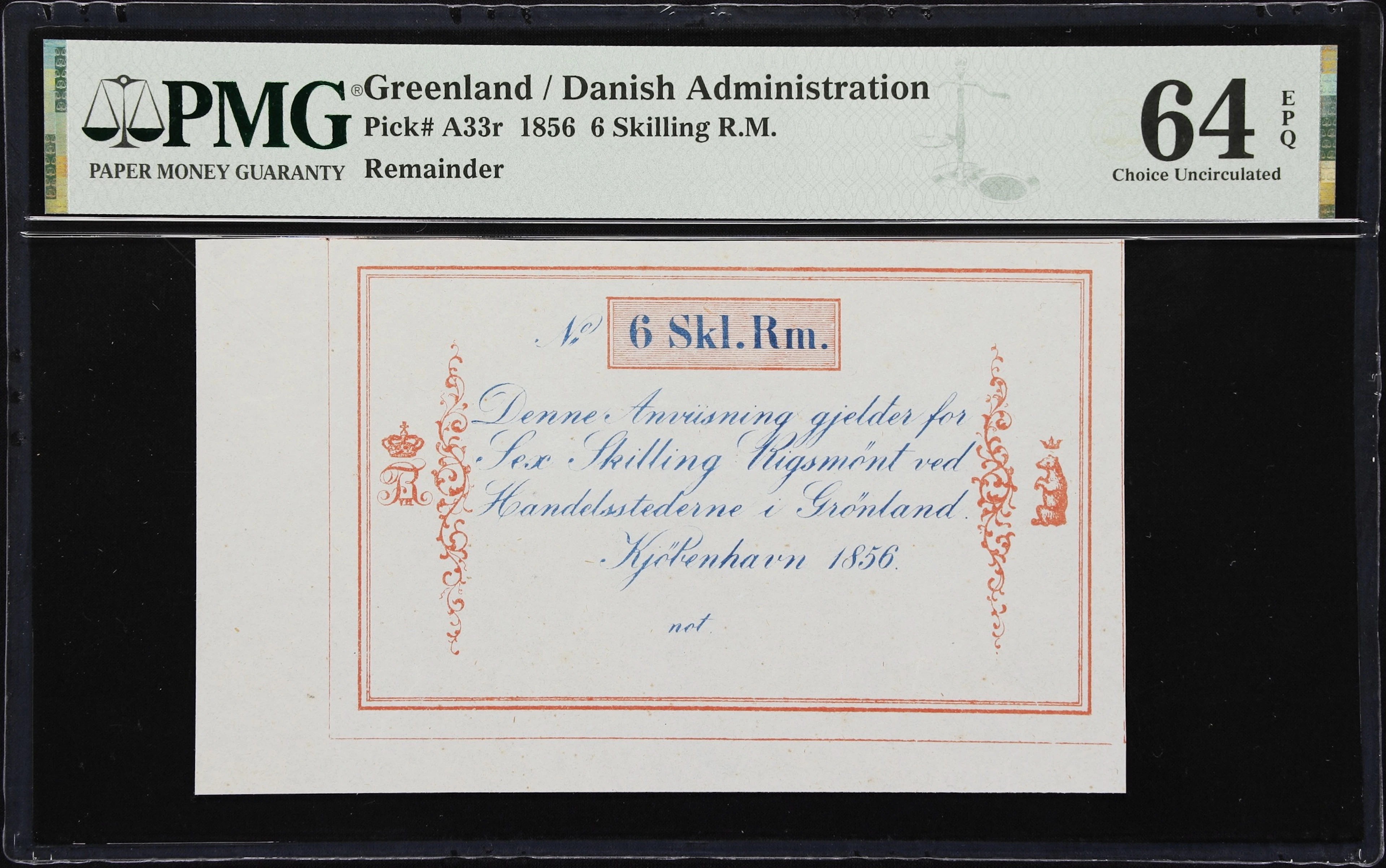 (◊) GREENLAND. Handelsstederne i Gronland. 6 Skilling R.M., 1856.