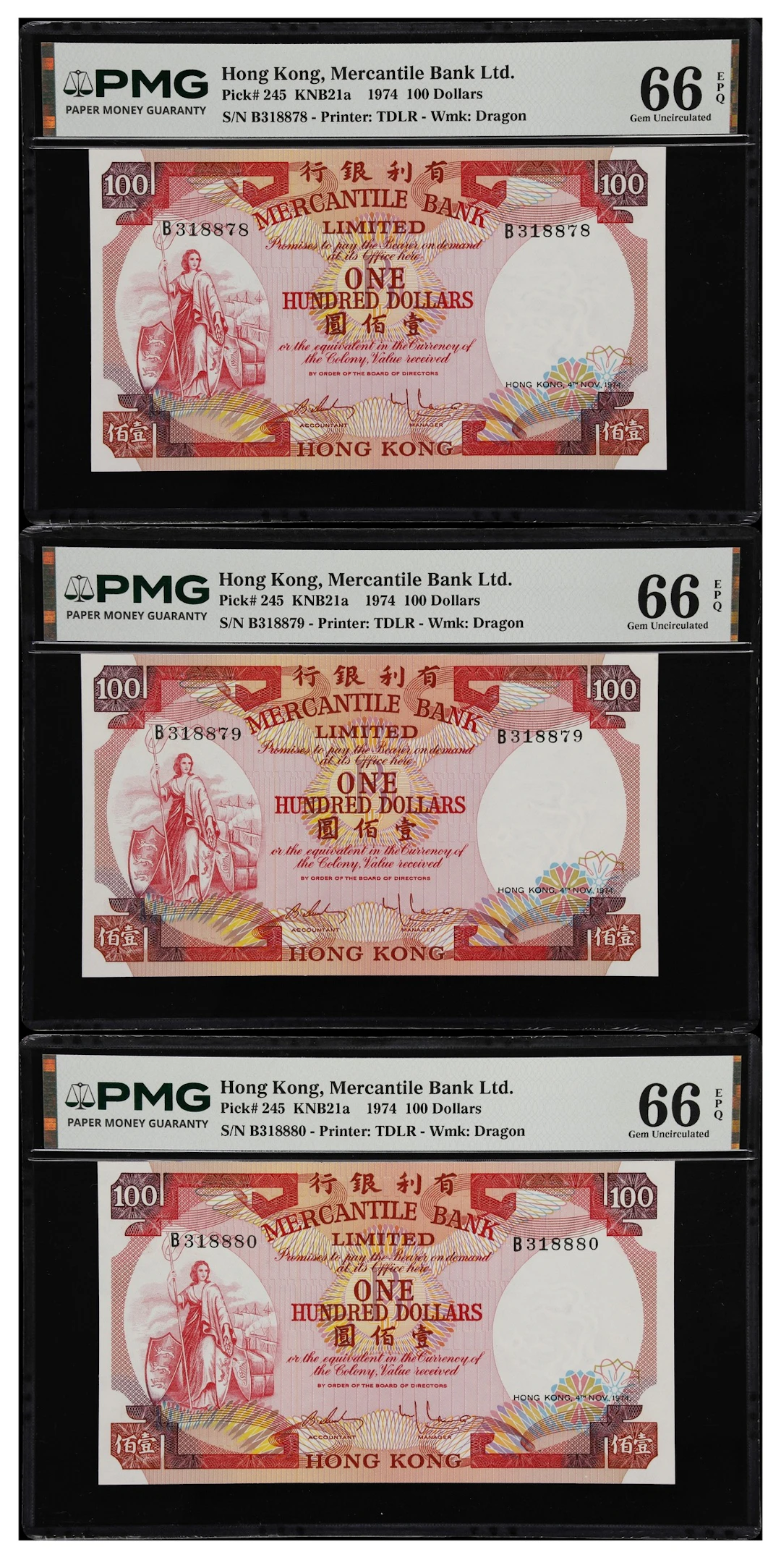 HONG KONG (SAR). Lot of (3). Mercantile Bank Limited. 100 Dollars