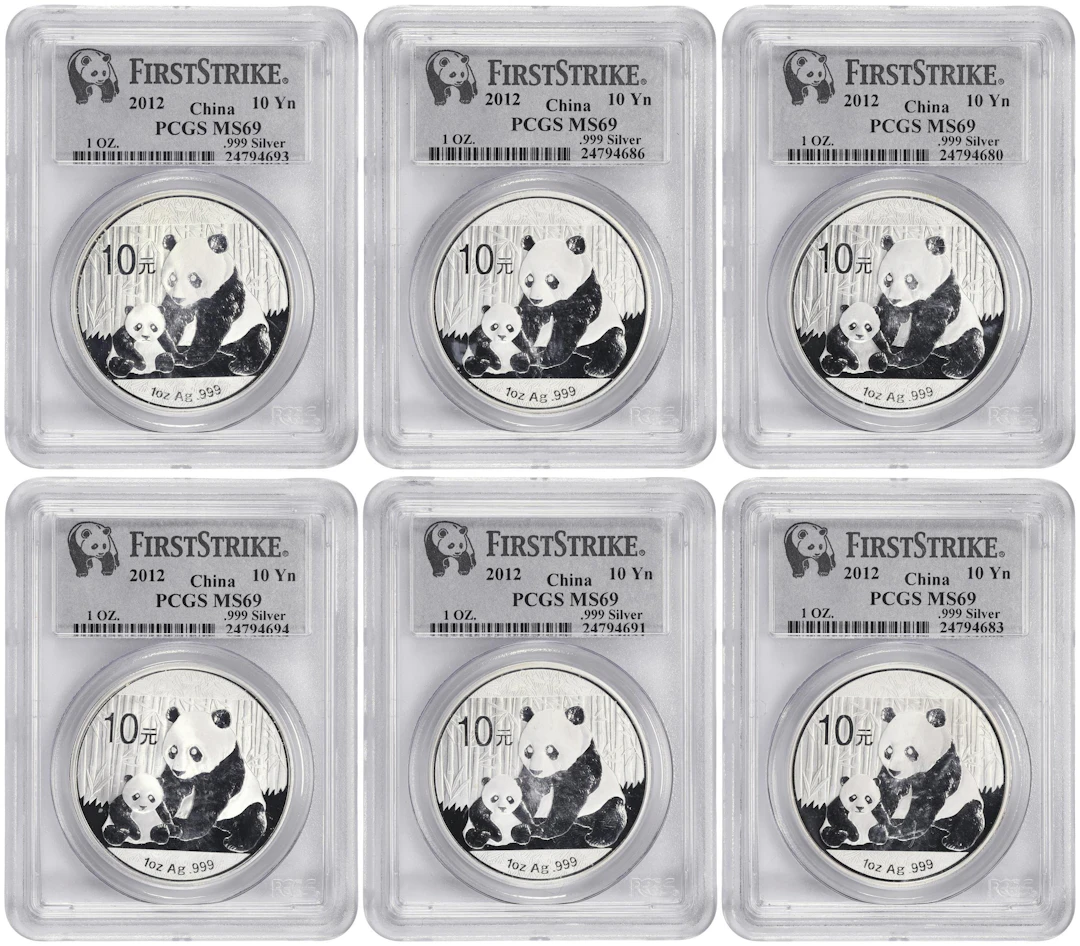(6 oz, 186.624 g ASW). China. Lot of (6) 2012 1 oz Silver Panda. MS-69 (PCGS).