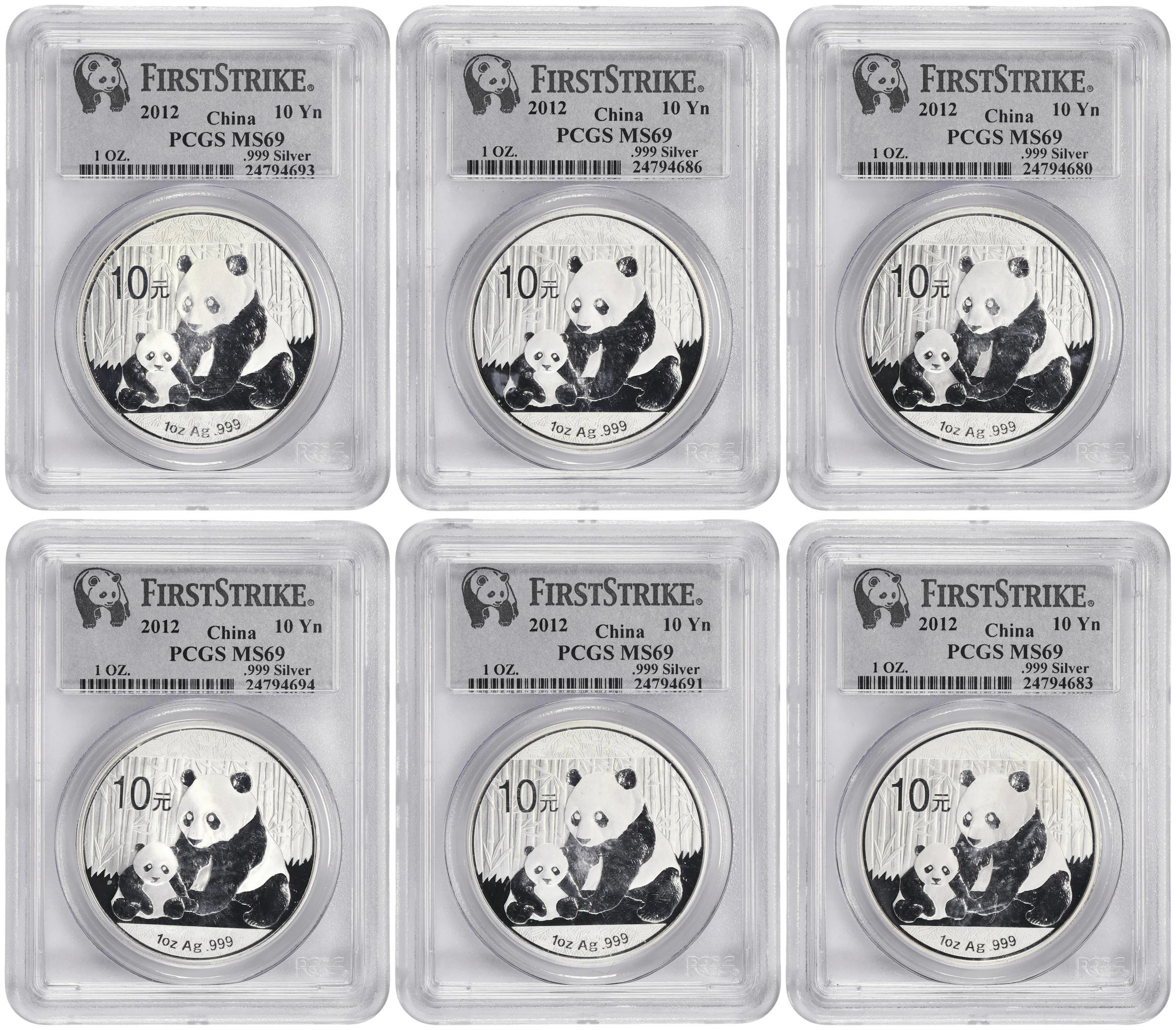 (6 oz, 186.624 g ASW). China. Lot of (6) 2012 1 oz Silver Panda. MS-69 (PCGS).