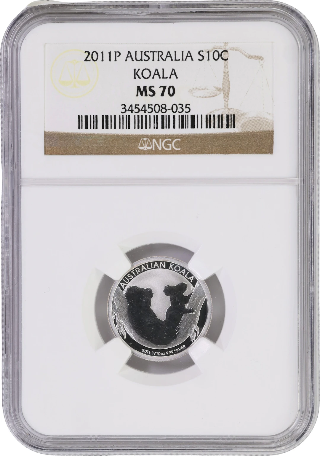 (0.1 oz, 3.11 g ASW). Australia. 2011-P Koala 1/10 oz Silver 10 Cents.