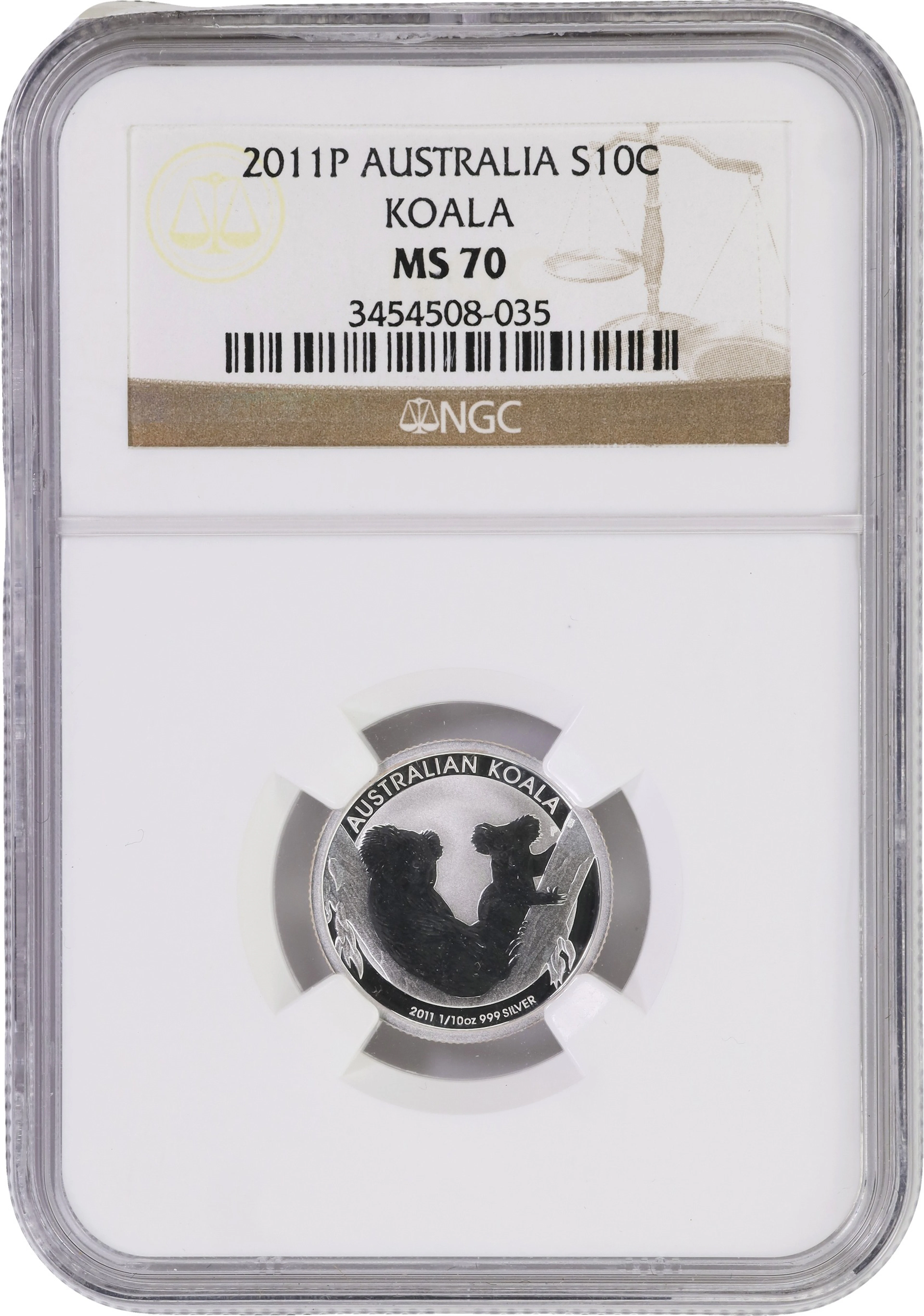 (0.1 oz, 3.11 g ASW). Australia. 2011-P Koala 1/10 oz Silver 10 Cents.