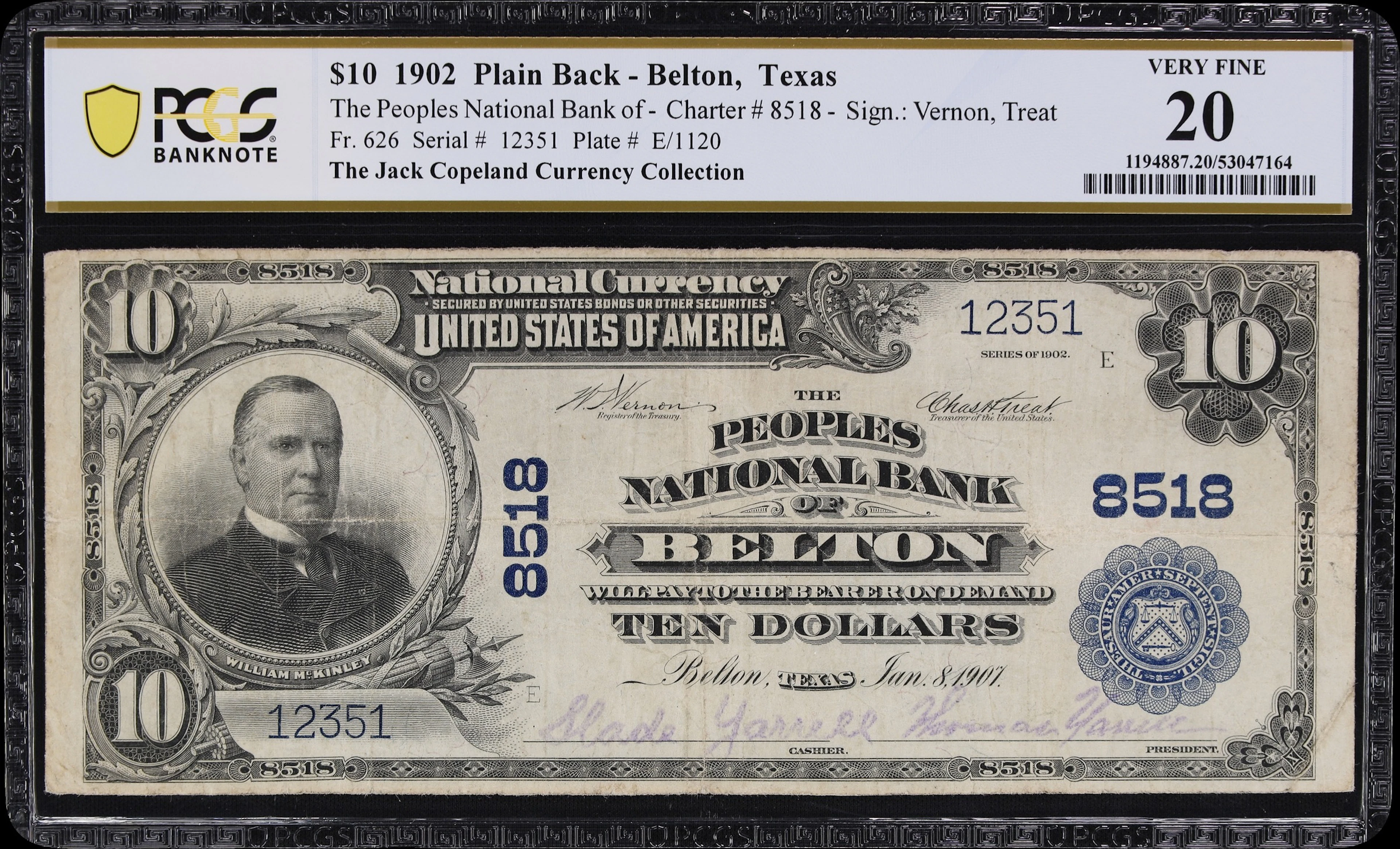 Belton, Texas. $10 1902 Plain Back. Fr. 626. Peoples NB. Charter #8518.
