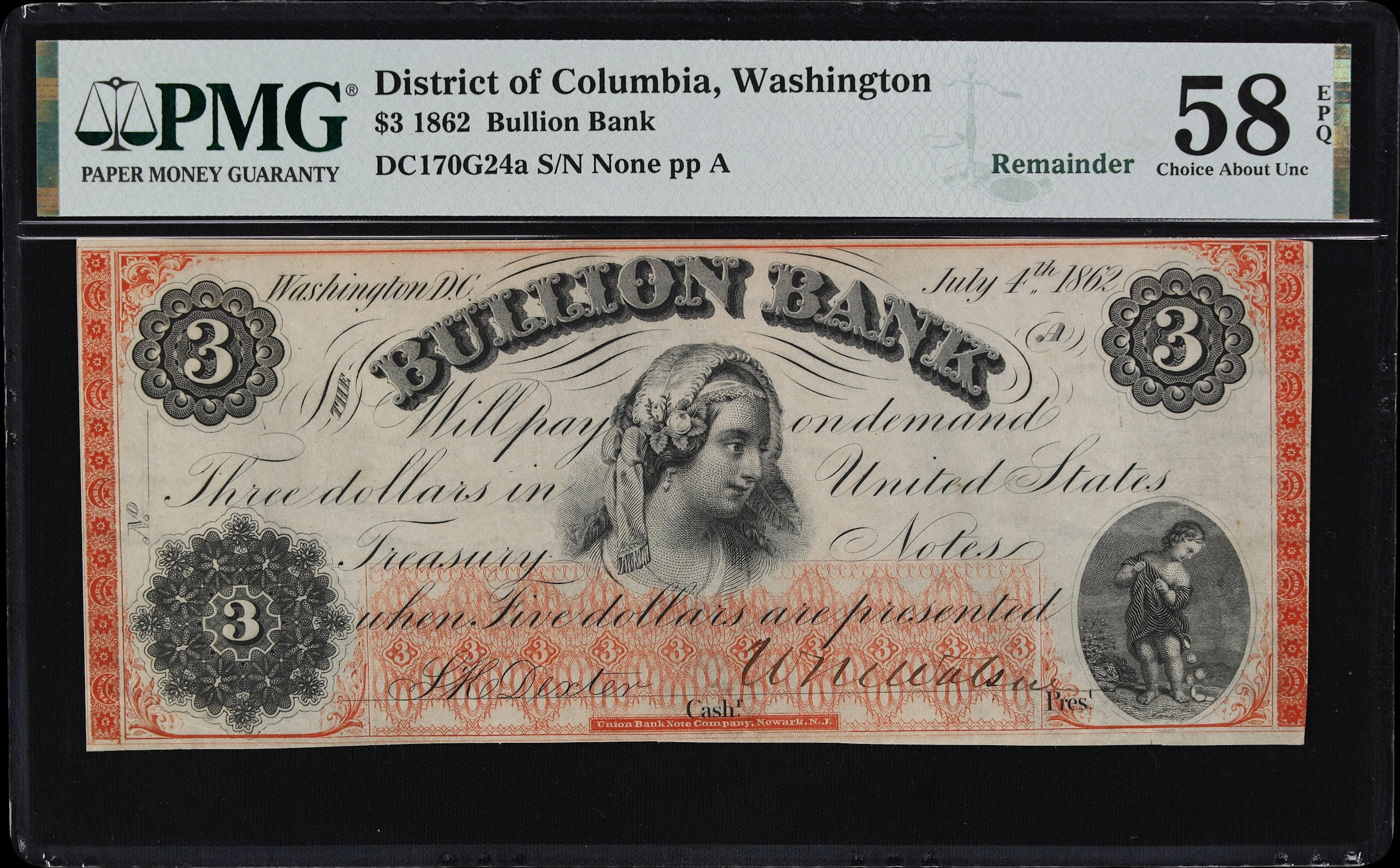 Washington, District of Columbia. Bullion Bank. 1862 $3. PMG Choice
