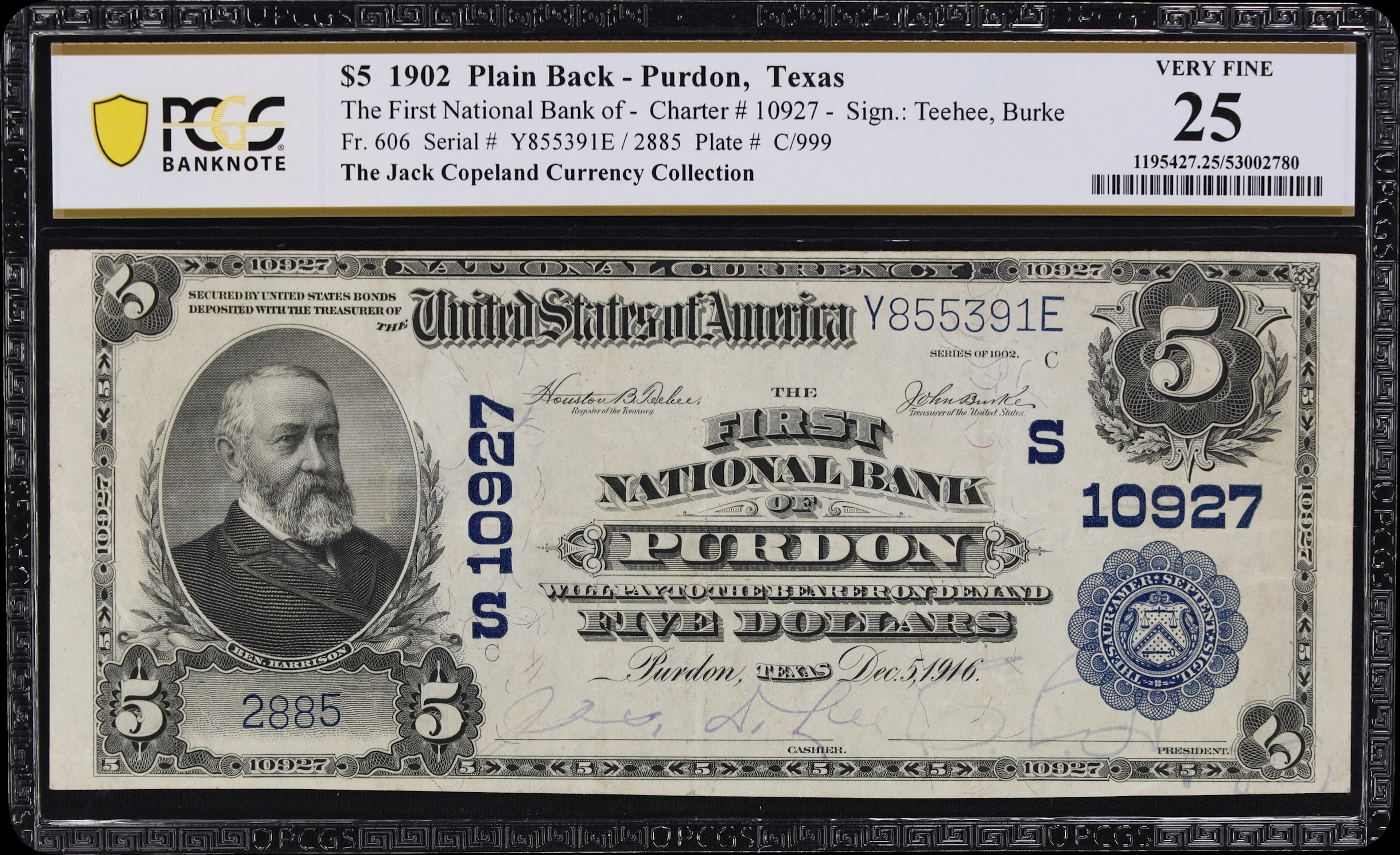 Purdon, Texas. $5 1902 Plain Back. Fr. 606. First NB. Charter #10927.
