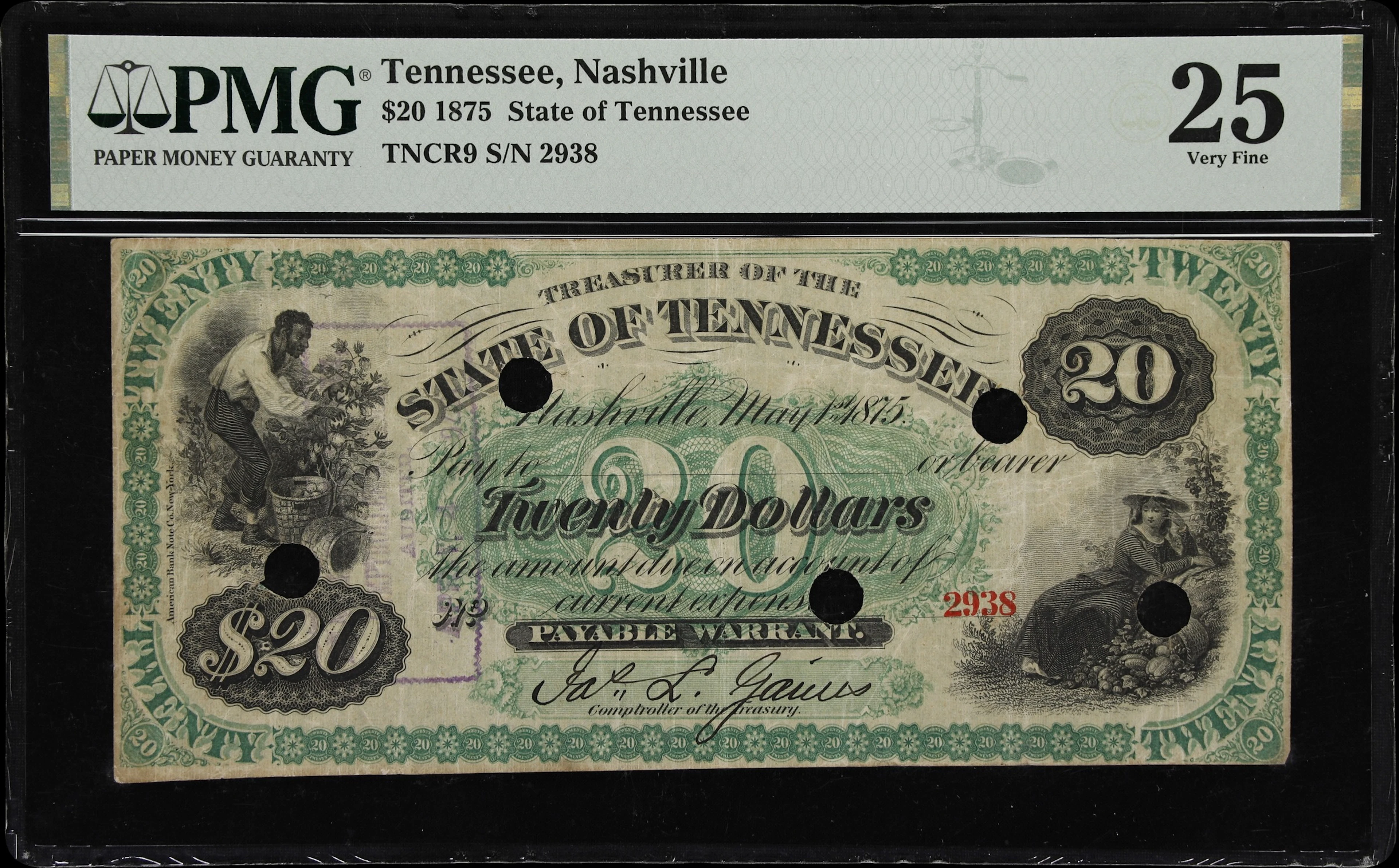 Nashville, Tennessee. State of Tennessee. 1875 $20. PMG Very Fine 25.