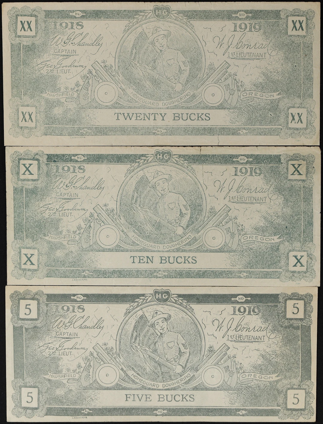 Lot of (3) Marshfield, Oregon. "Homeguard Dougherino". 1918 - 19 Mixed