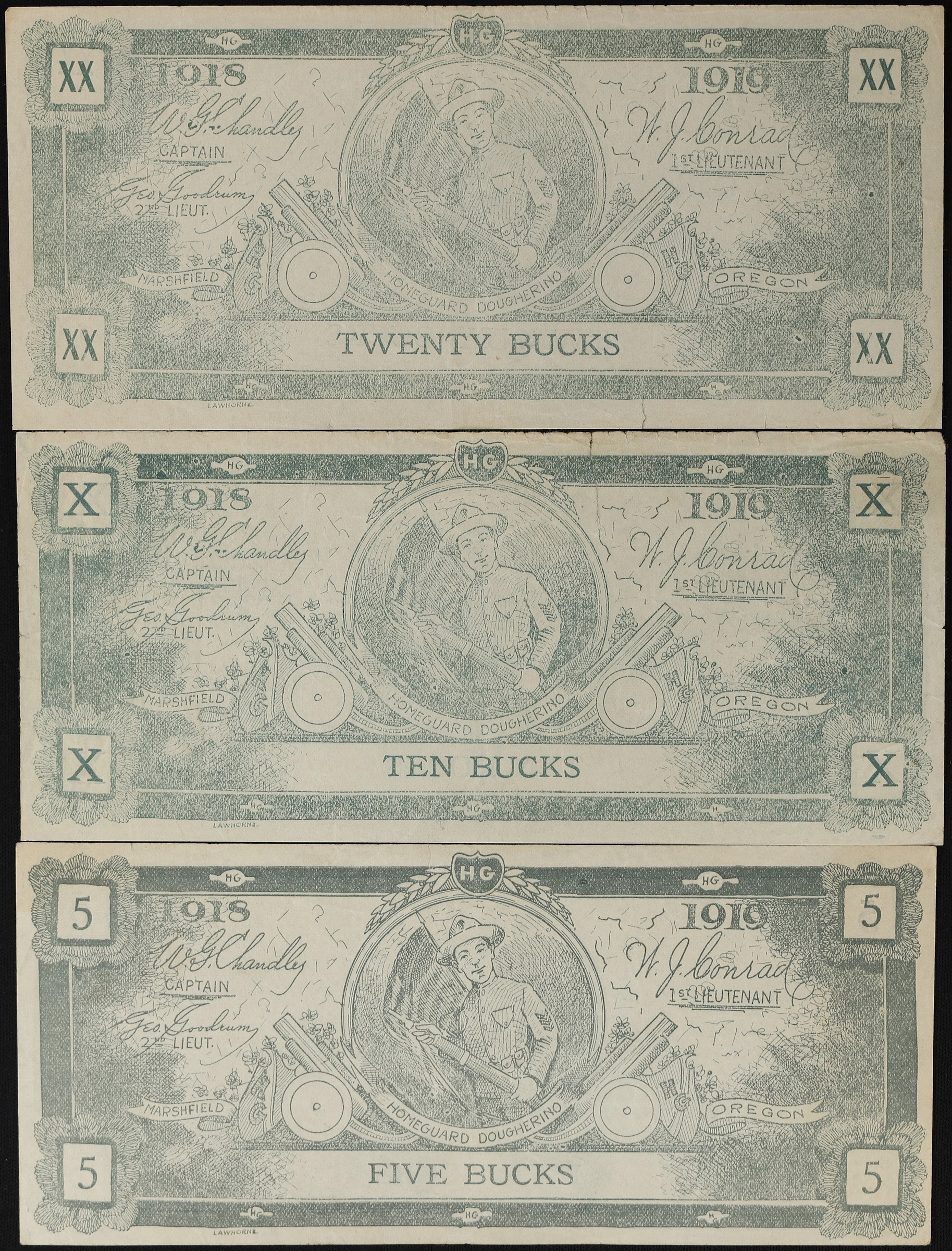 Lot of (3) Marshfield, Oregon. "Homeguard Dougherino". 1918 - 19 Mixed
