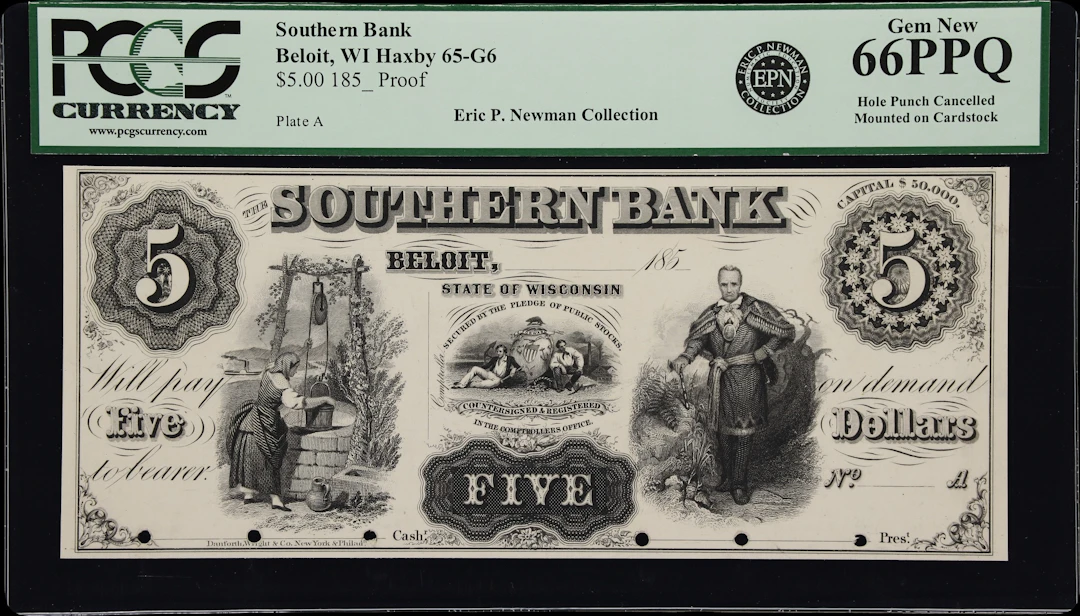 Beloit, Wisconsin. Southern Bank. 185x $5. PCGS Currency Gem New 66 PPQ. Proof.