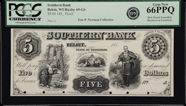 Beloit, Wisconsin. Southern Bank. 185x $5. PCGS Currency Gem New 66 PPQ. Proof.