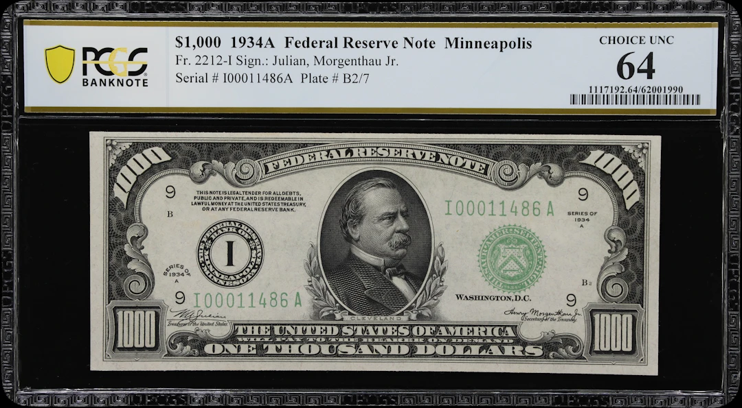 Fr. 2212-I. 1934A $1000 Federal Reserve Note. Minneapolis. PCGS Banknote