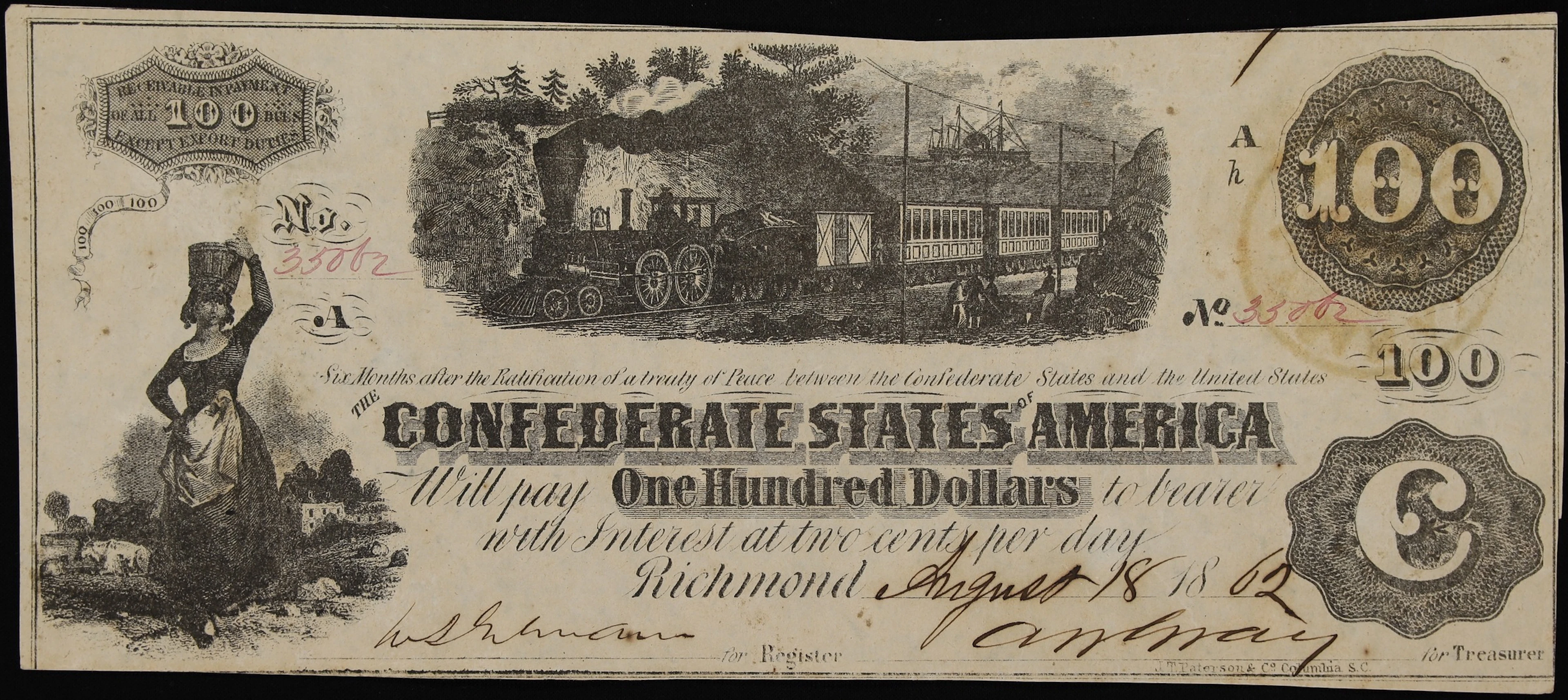 T-40. Confederate Currency. 1862 $100. Extremely Fine. Trans-Mississippi Issue.