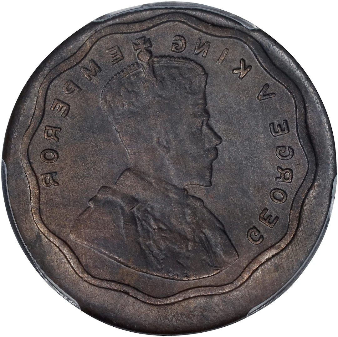 INDIA. Copper Anna Obverse Hub Trial, ND (1912-36). George V. PCGS MS-63 Brown.