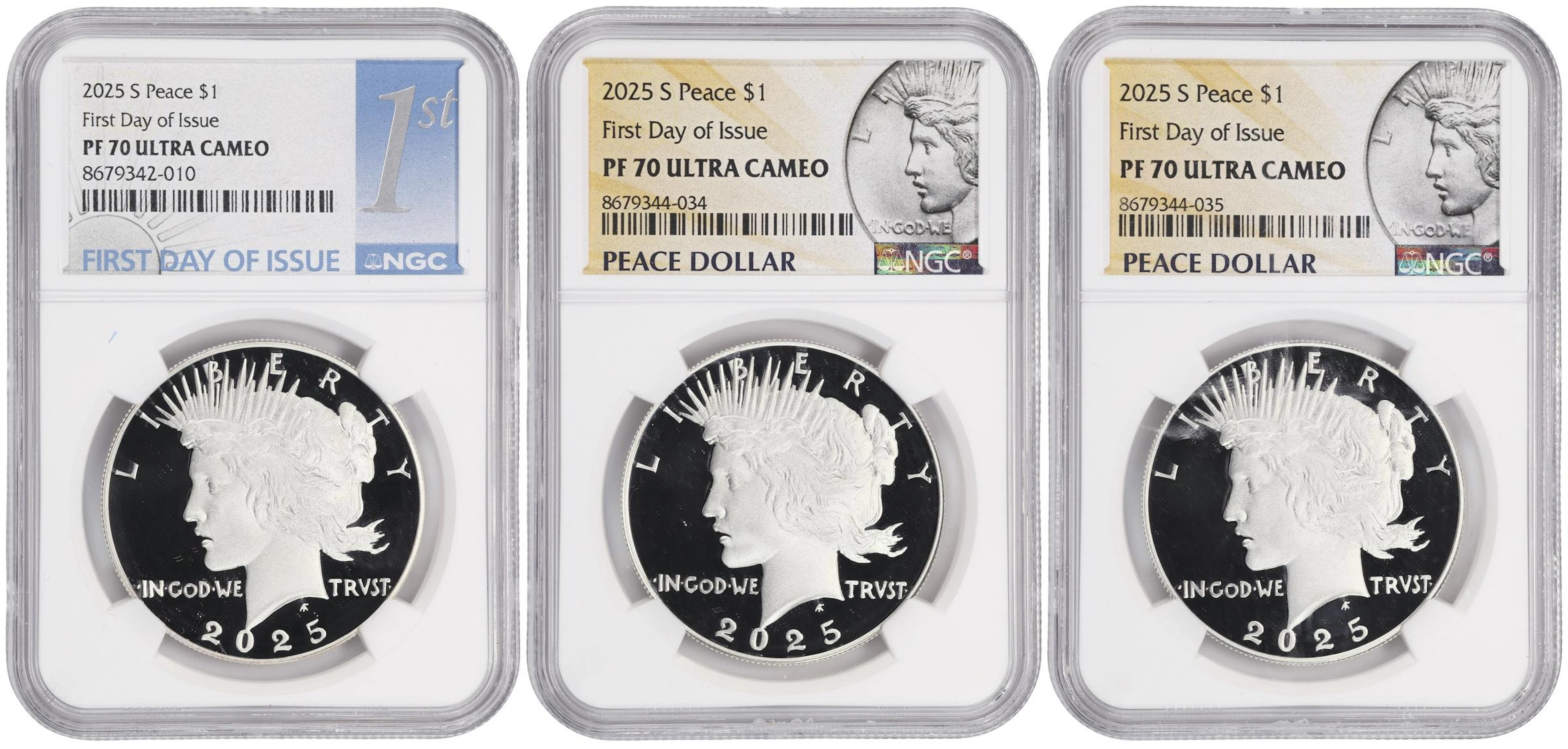 (2.577 oz, 80.155 g ASW). Lot of (3) 2025-S Peace Silver Dollars.