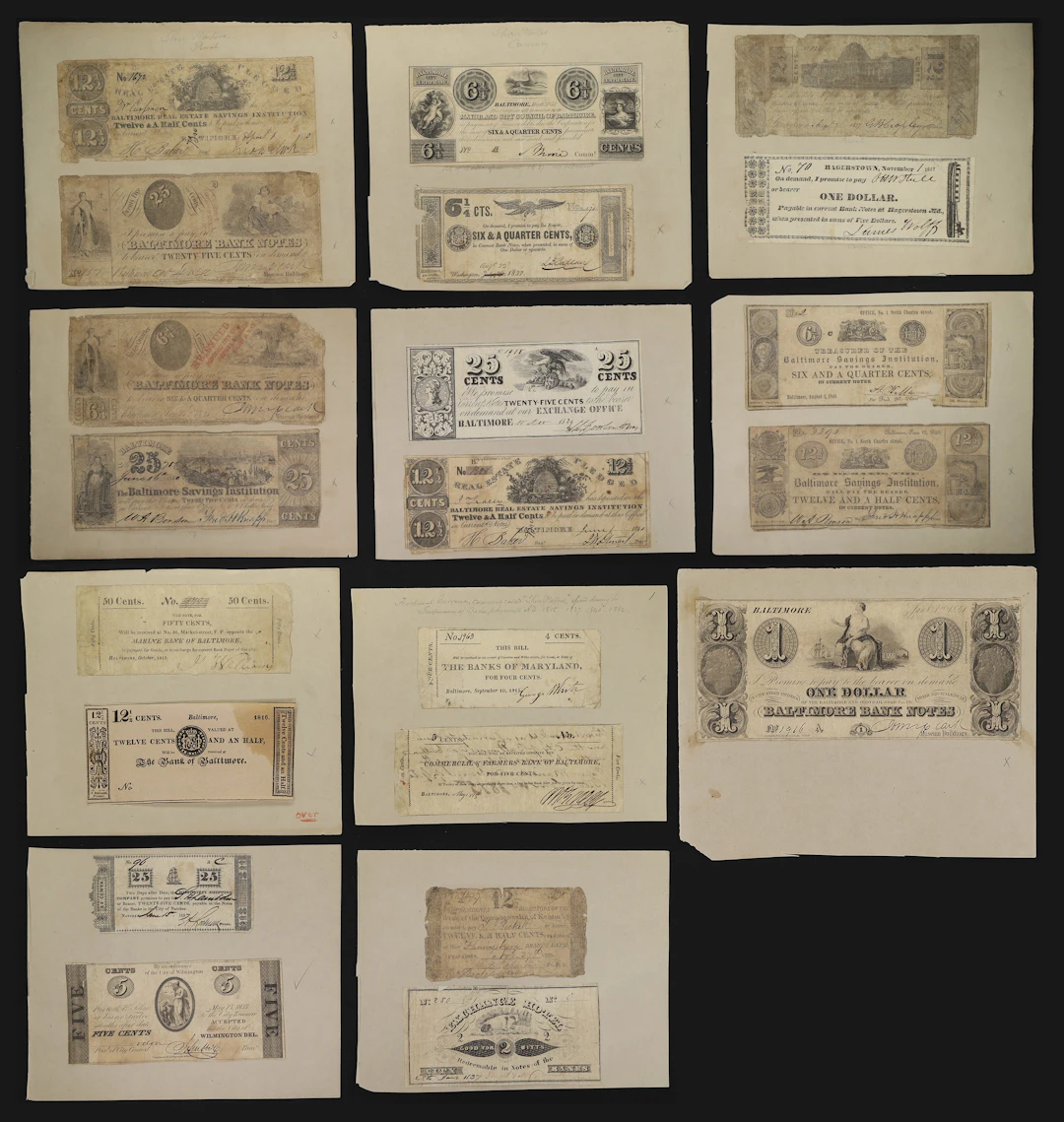 Lot of (21) Maryland Obsoletes. Mixed Issuers. 1810s - 40s Mixed Denominations.