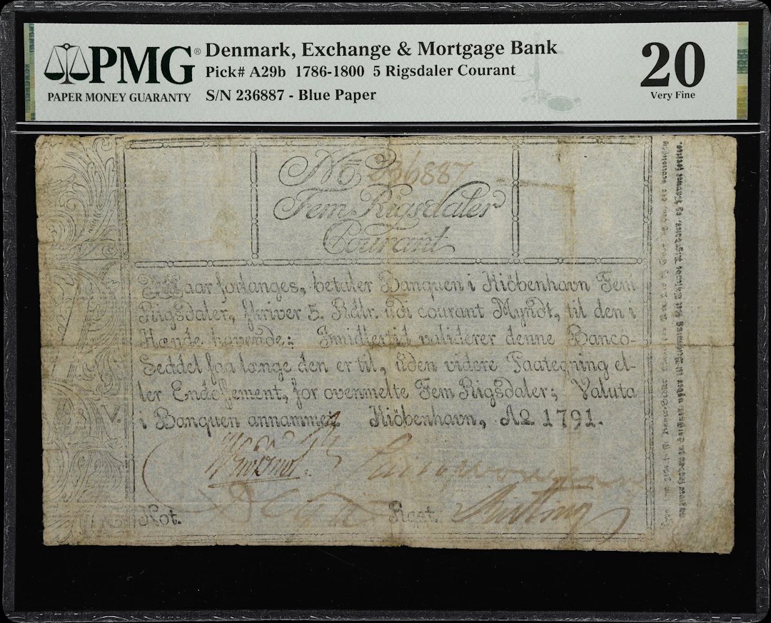 (◊) DENMARK. Exchange & Mortgage Bank. 5 Rigsdaler Courant, 1791.
