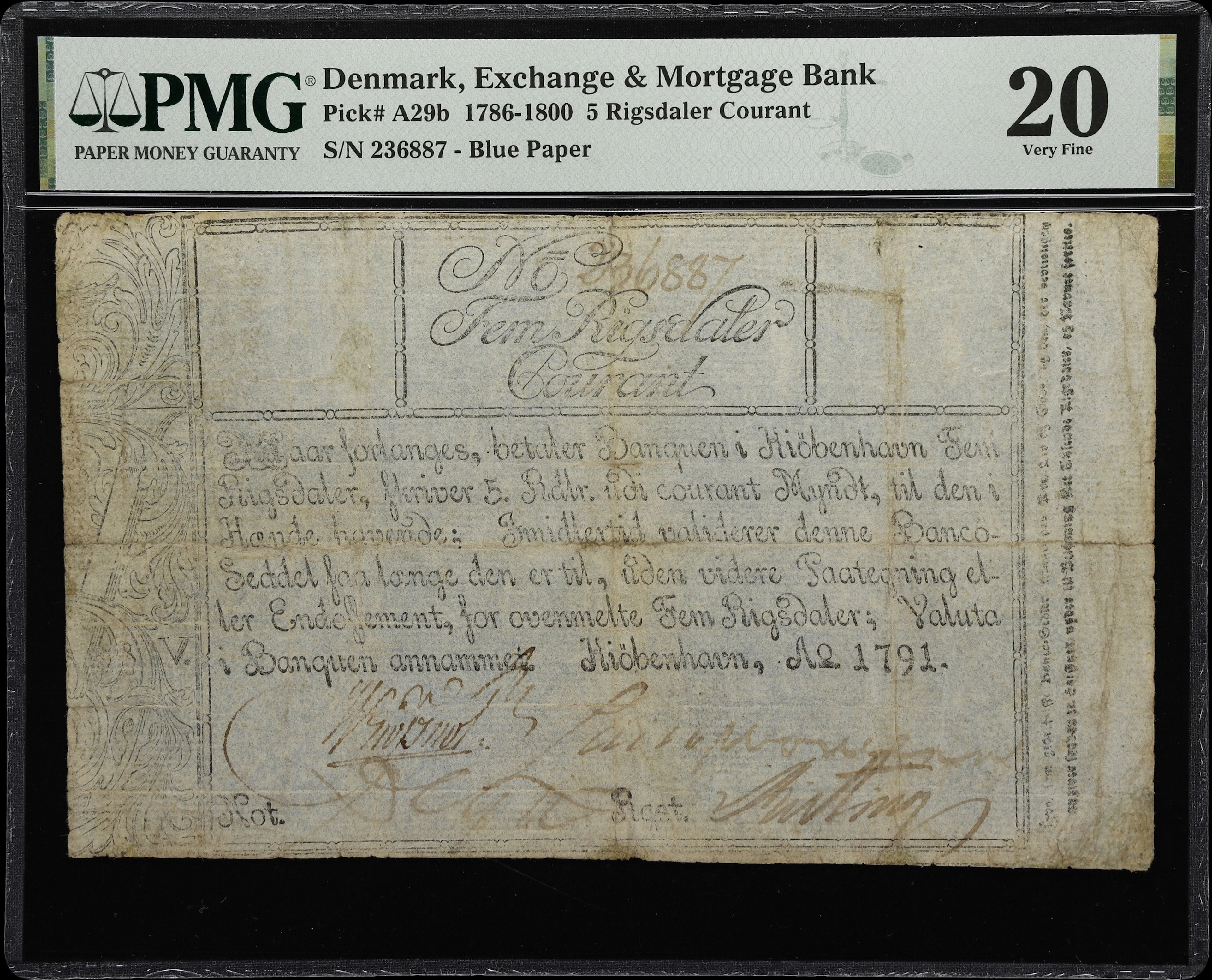(◊) DENMARK. Exchange & Mortgage Bank. 5 Rigsdaler Courant, 1791.