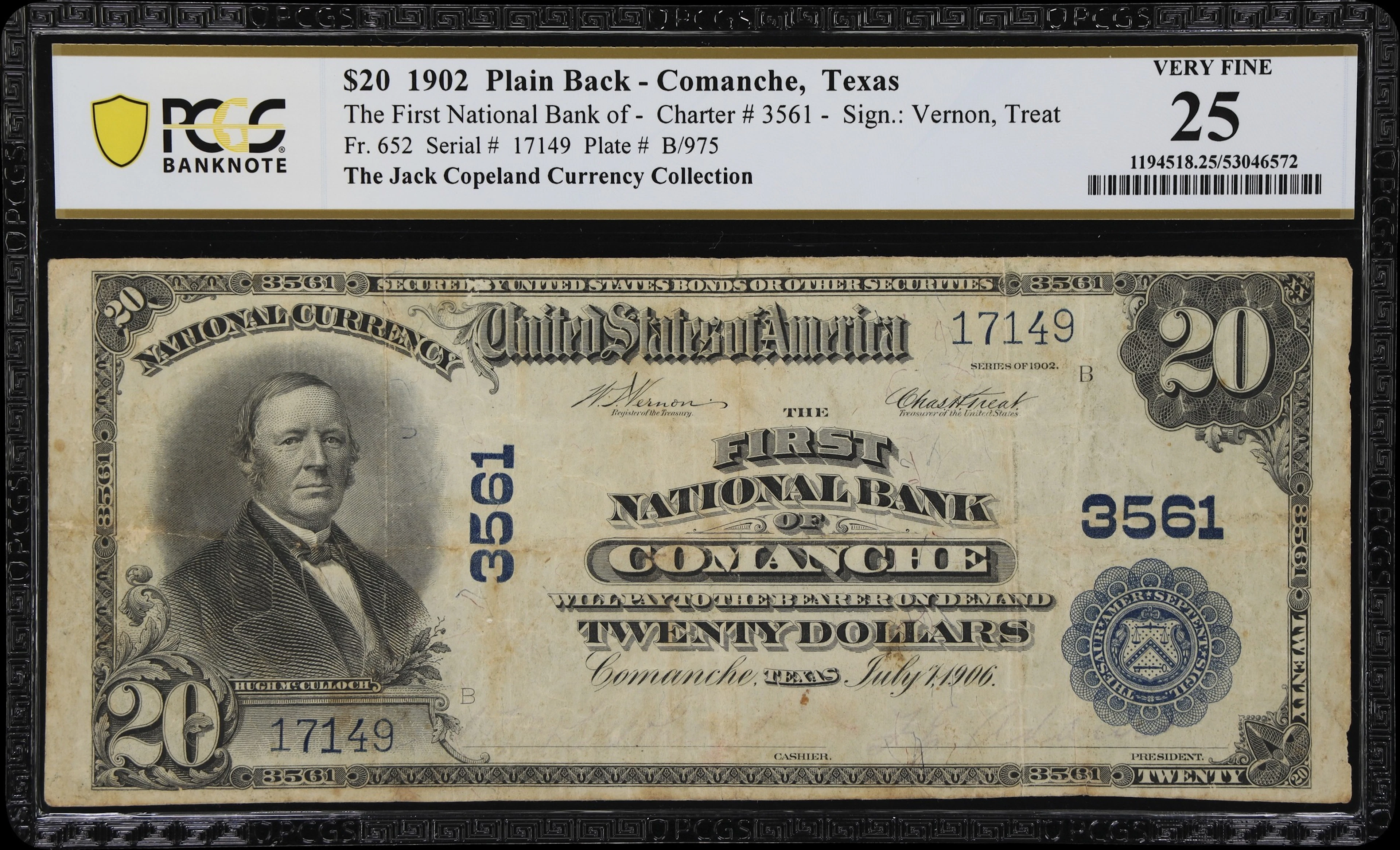 Comanche, Texas. $20 1902 Plain Back. Fr. 652. First NB. Charter #3561.