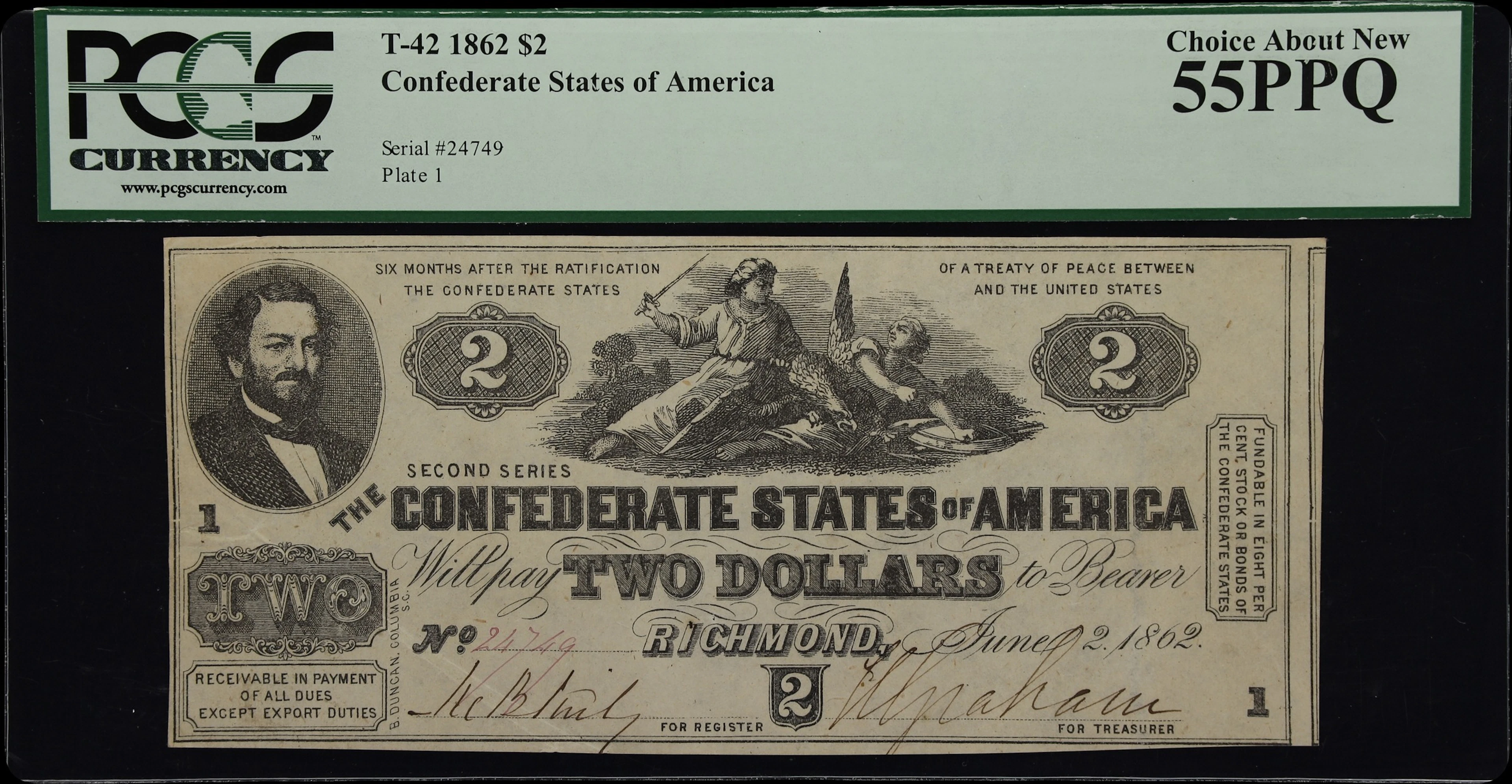 T-42. Confederate Currency. 1862 $2. PCGS Currency Choice About New 55 PPQ.